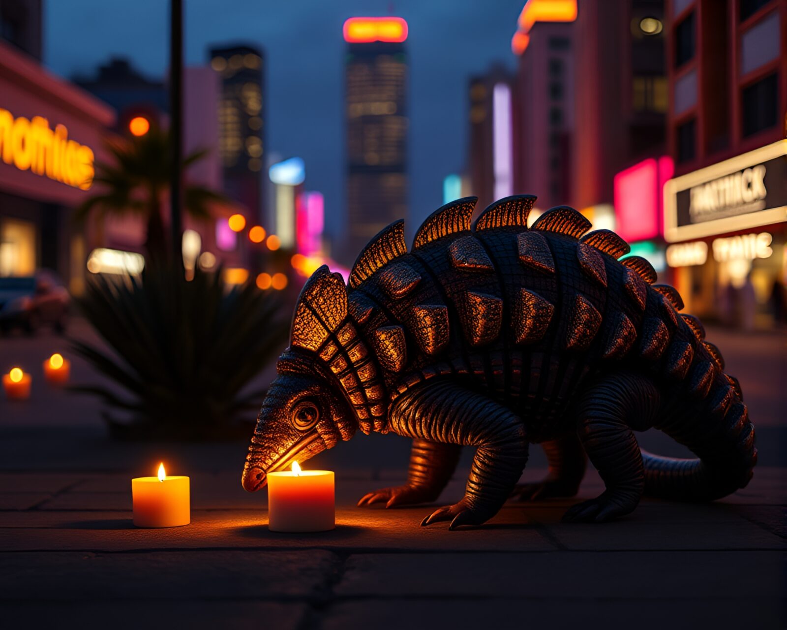 Colorful armadillo statue in glowing cyberpunk city environment