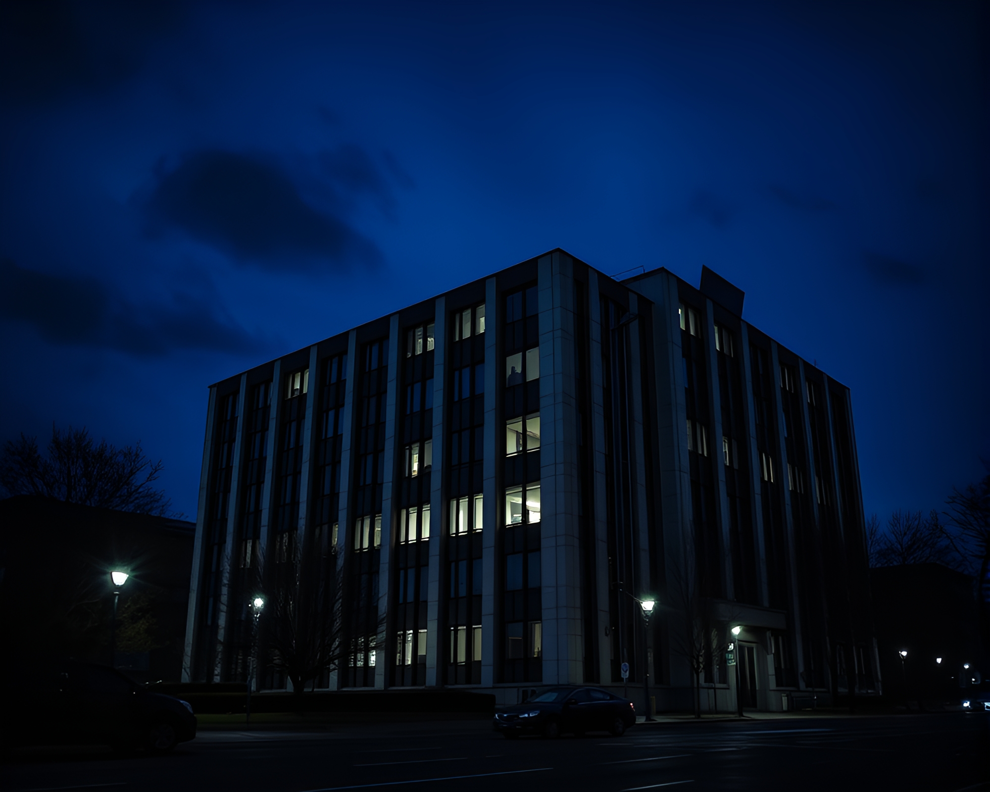 Brutalist Building Vignette with Indigo Spotlight – free AI stock image