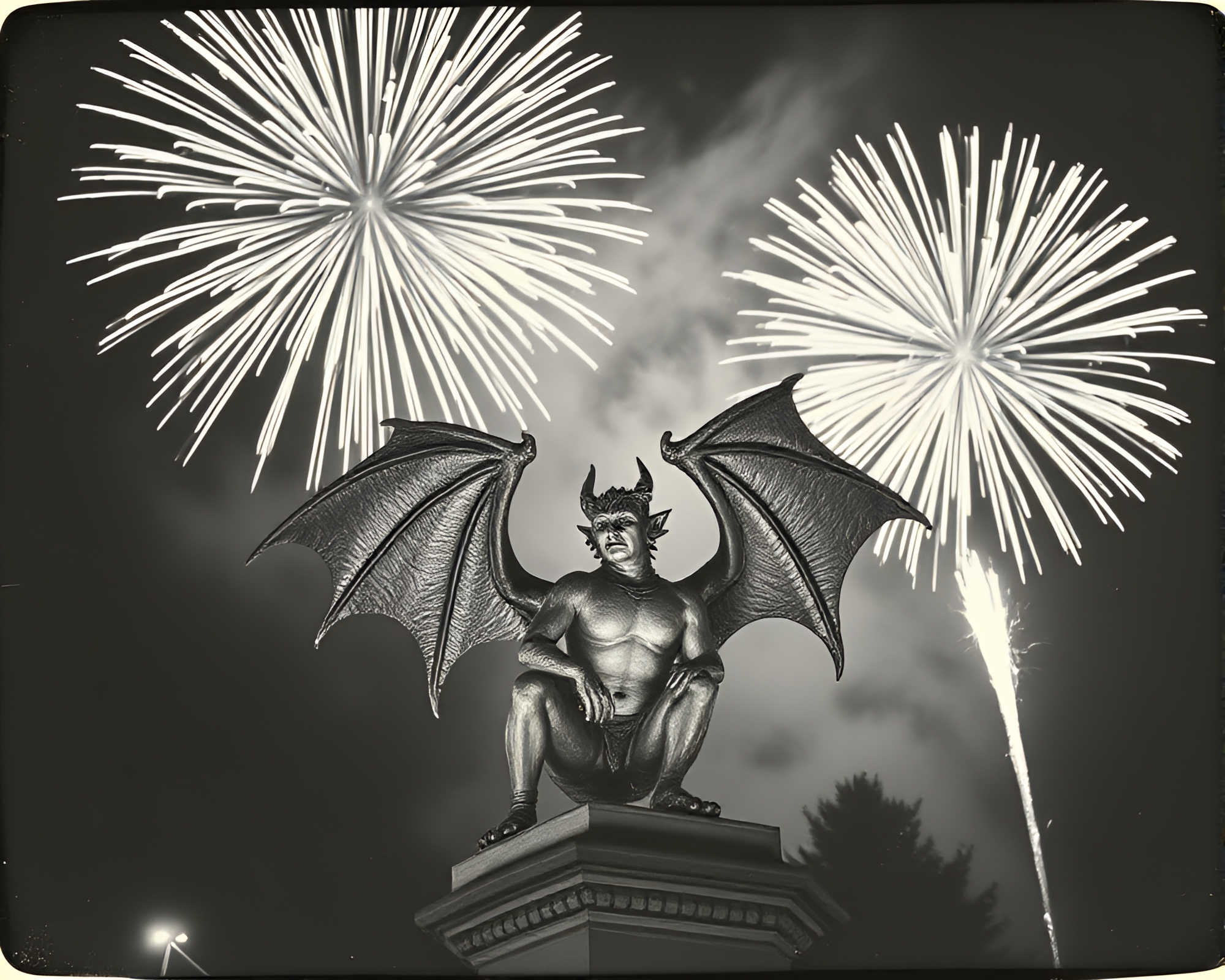 Gargoyle Statue Amidst Monochrome Fireworks Display – free AI stock image