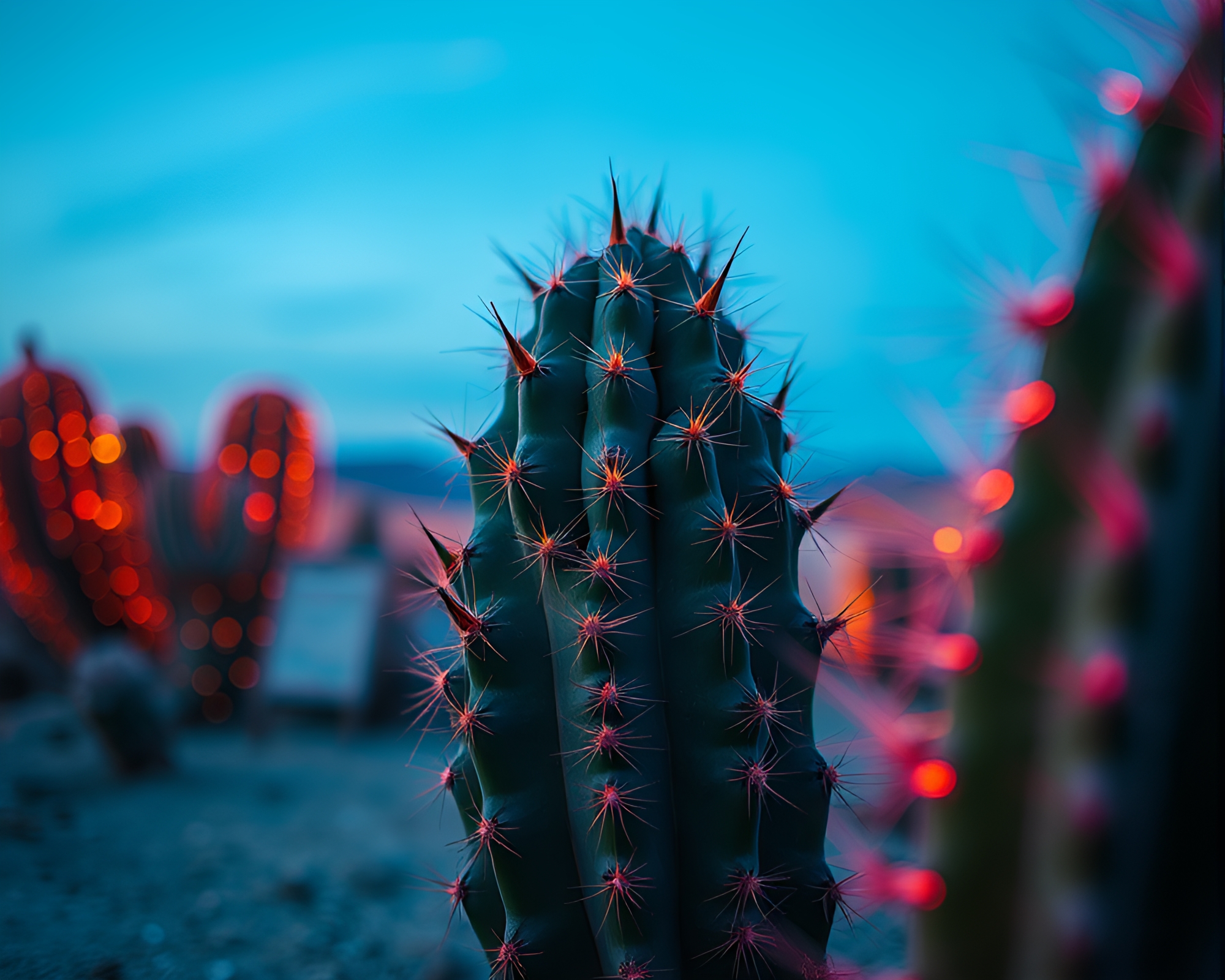 Vibrant Neon Cactus in Desert Sand Twilight Glow – free AI stock image