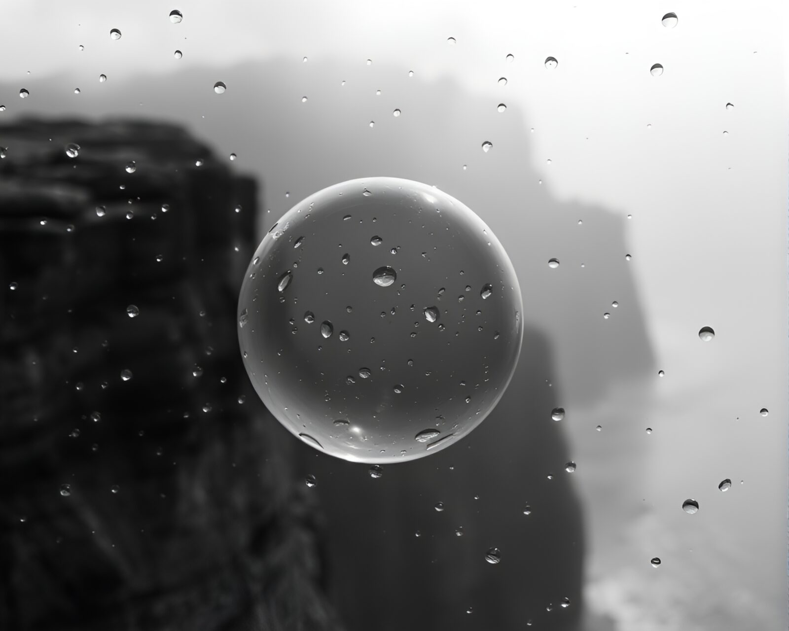 Monochrome image of rain droplets on glass orb with cliff shadow