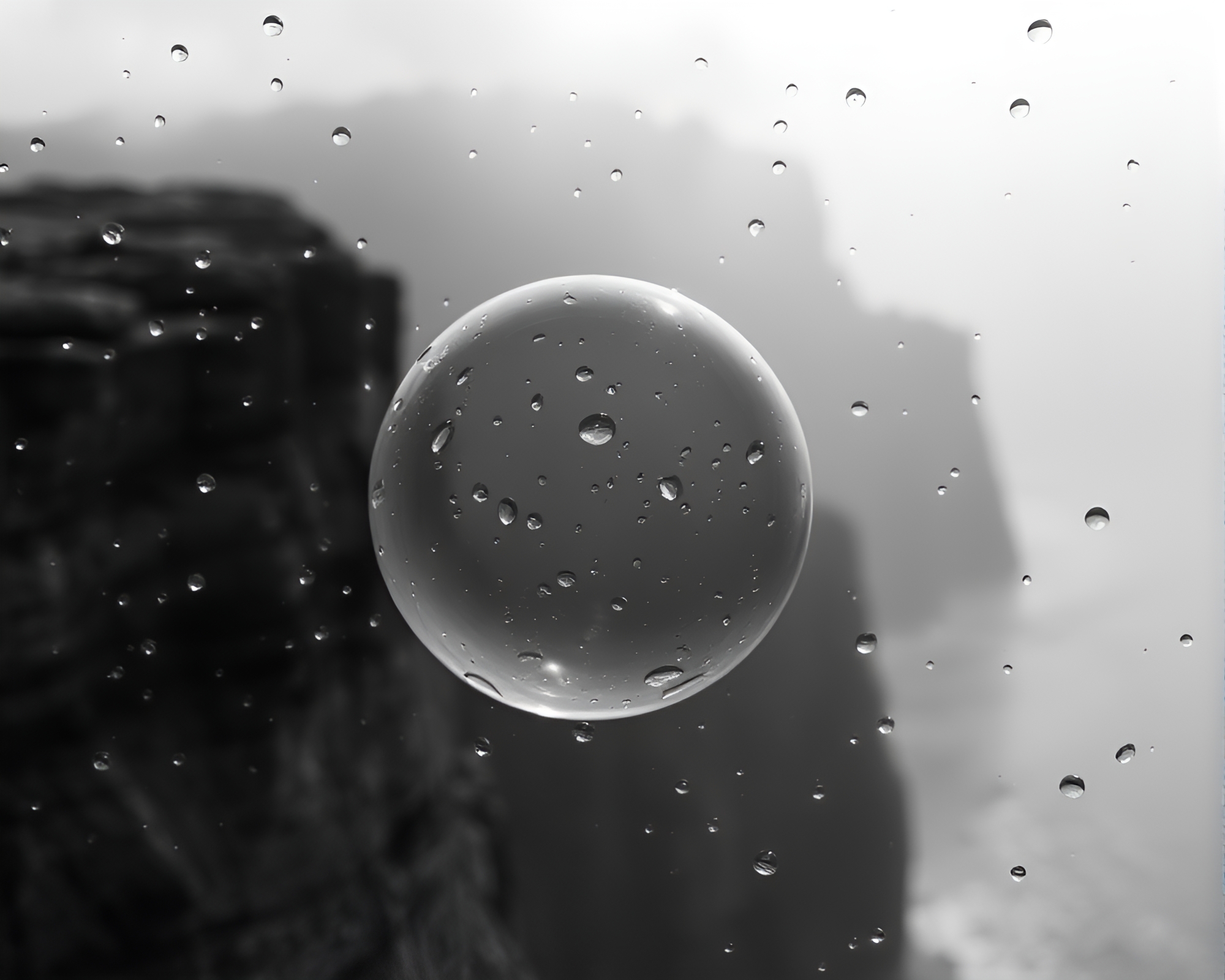 Rain Droplets on Glass Orb: Monochrome Cliffside Shadows – free AI stock image