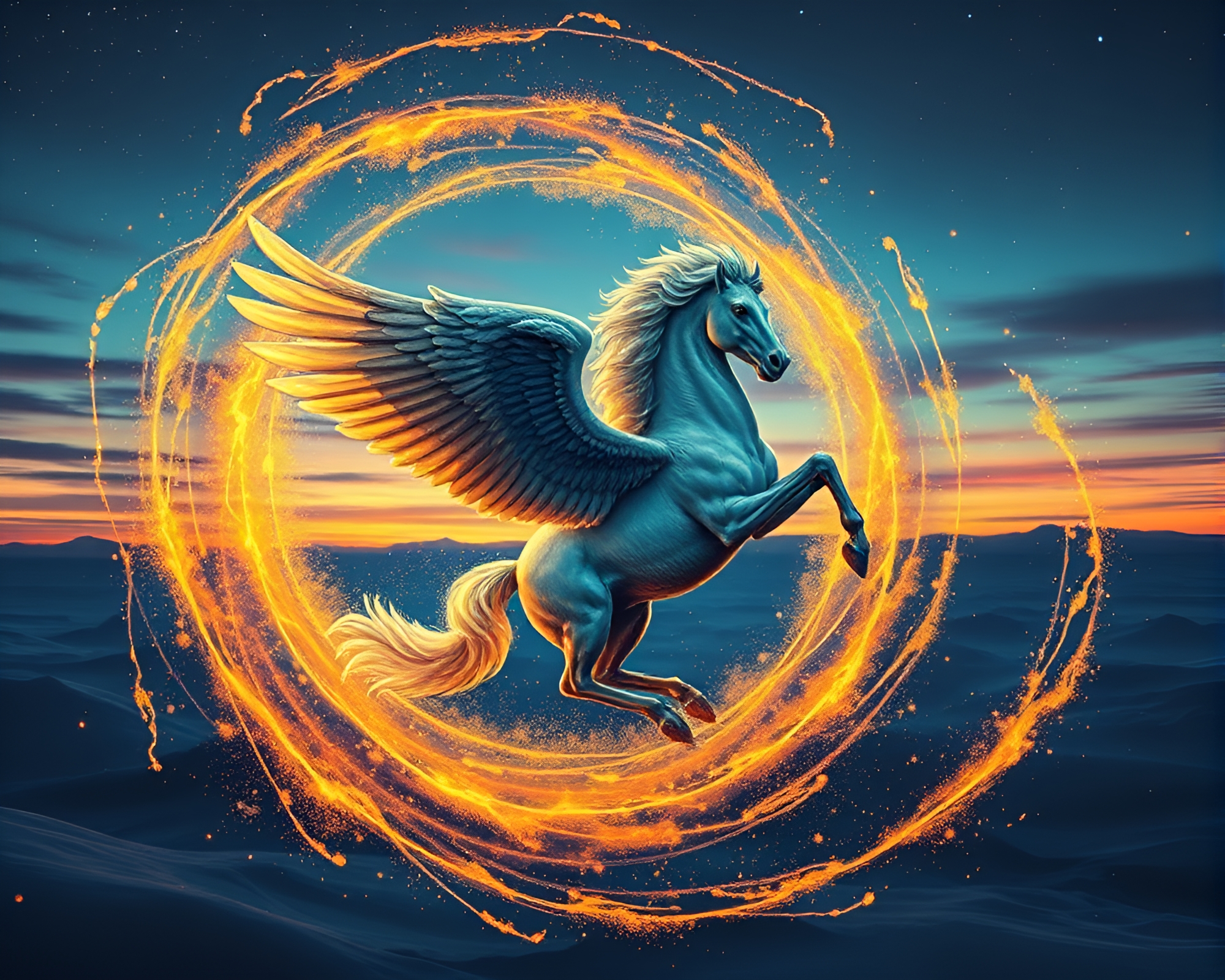 Majestic Pegasus Soaring through Gold Spiral Skies – free AI stock image