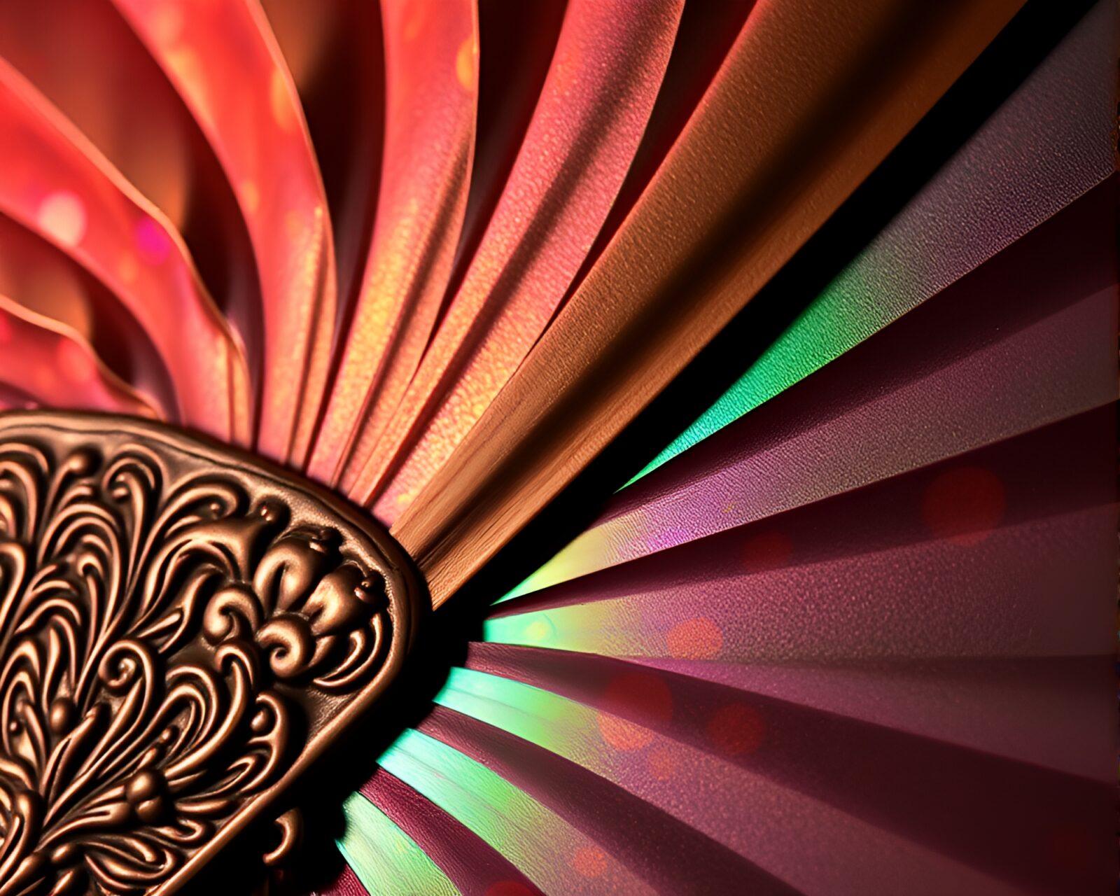 Gleaming fan with vibrant bronze hues under fluorescent light