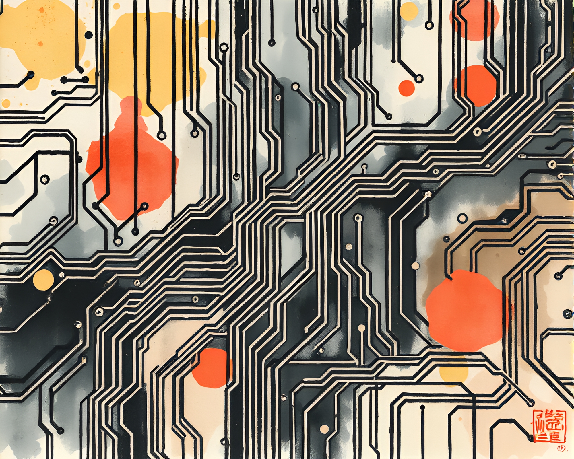 Sumi-e Circuit Board: Harmonious Hatching Artwork – free AI stock image