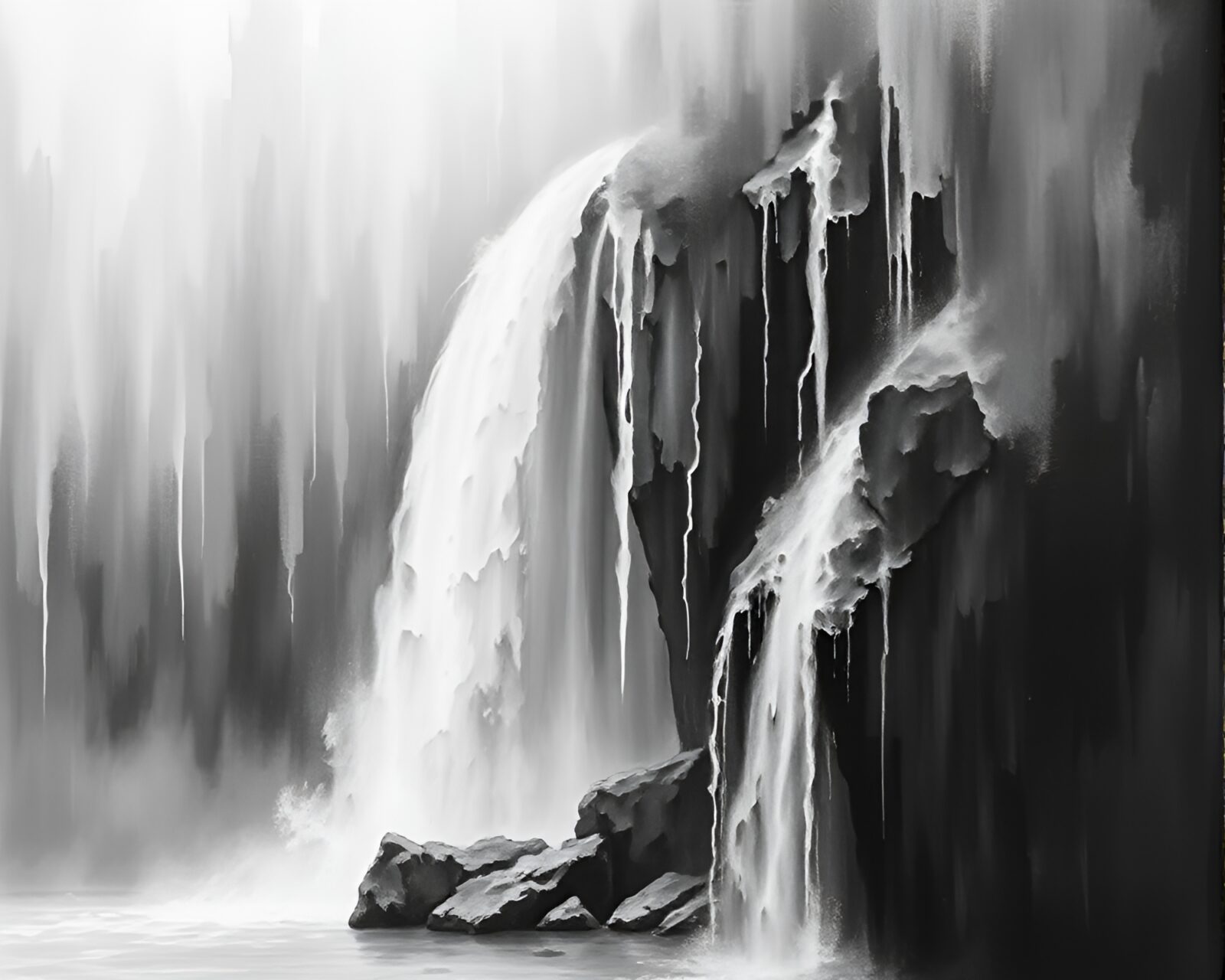 Flowing waterfall surrounded by gray mist in a tempera painting