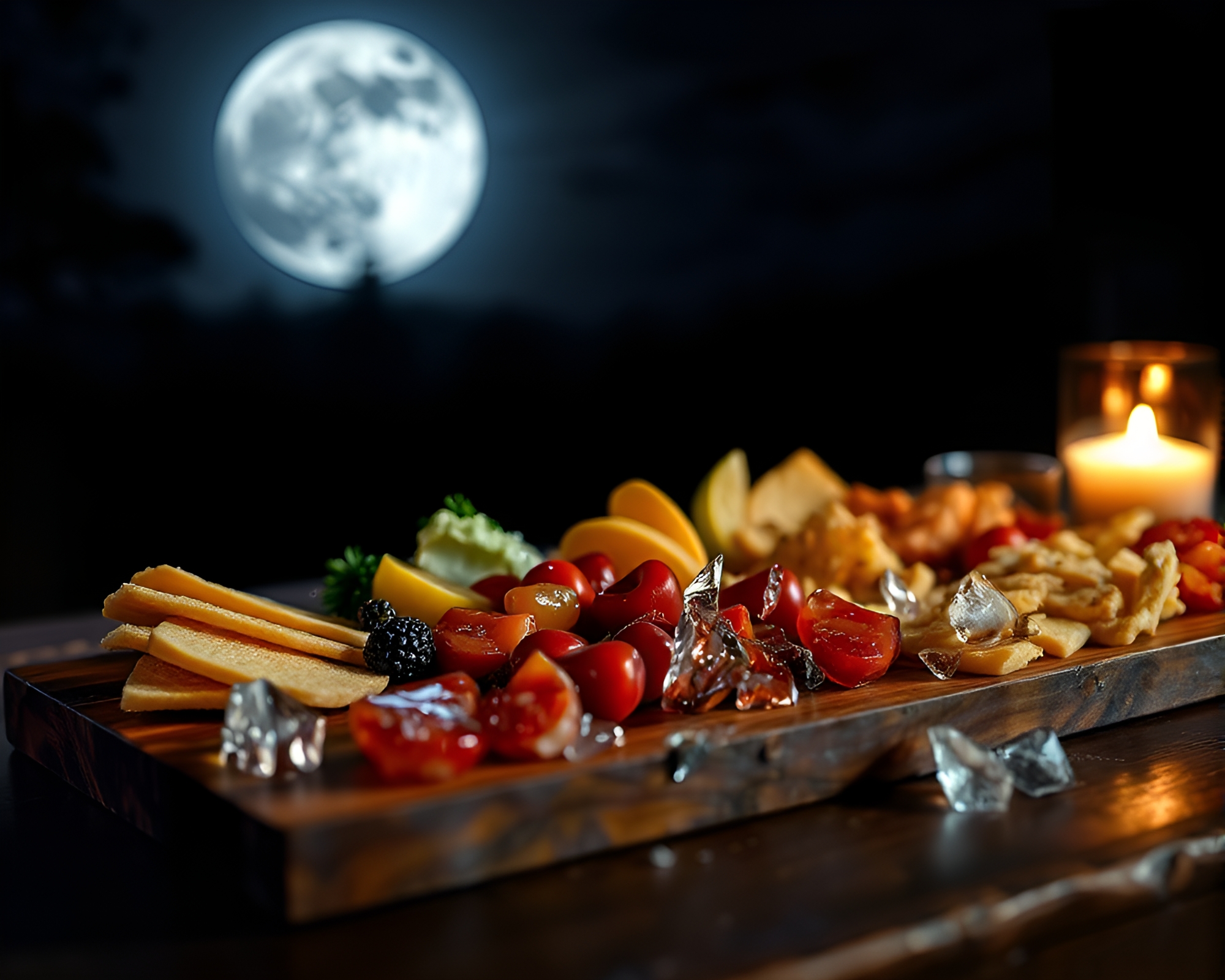 Moonlit Charcuterie: Glass Shard Photocollage – free AI stock image