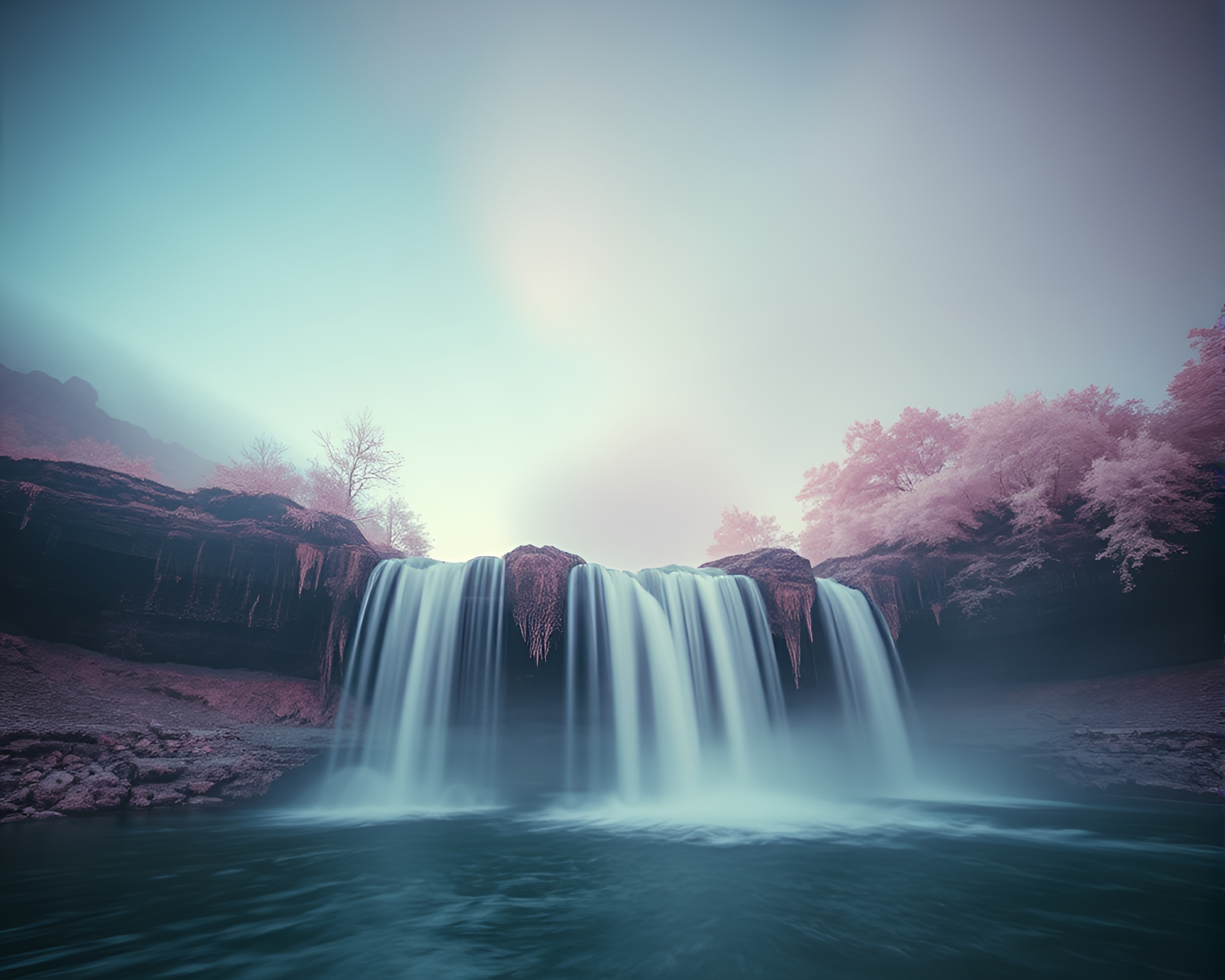 Enigmatic Waterfall Illuminated in Digital Twilight Infrared – free AI stock image