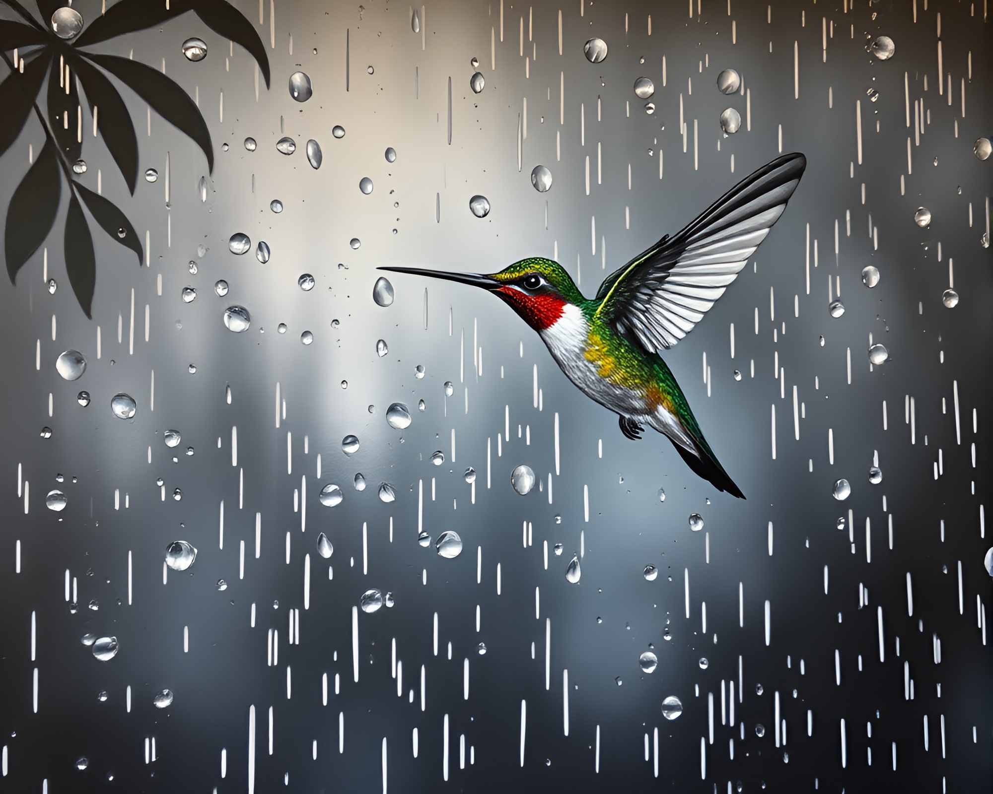 Rain Droplets Adorn Desaturated Hummingbird Mural Masterpiece – free AI stock image