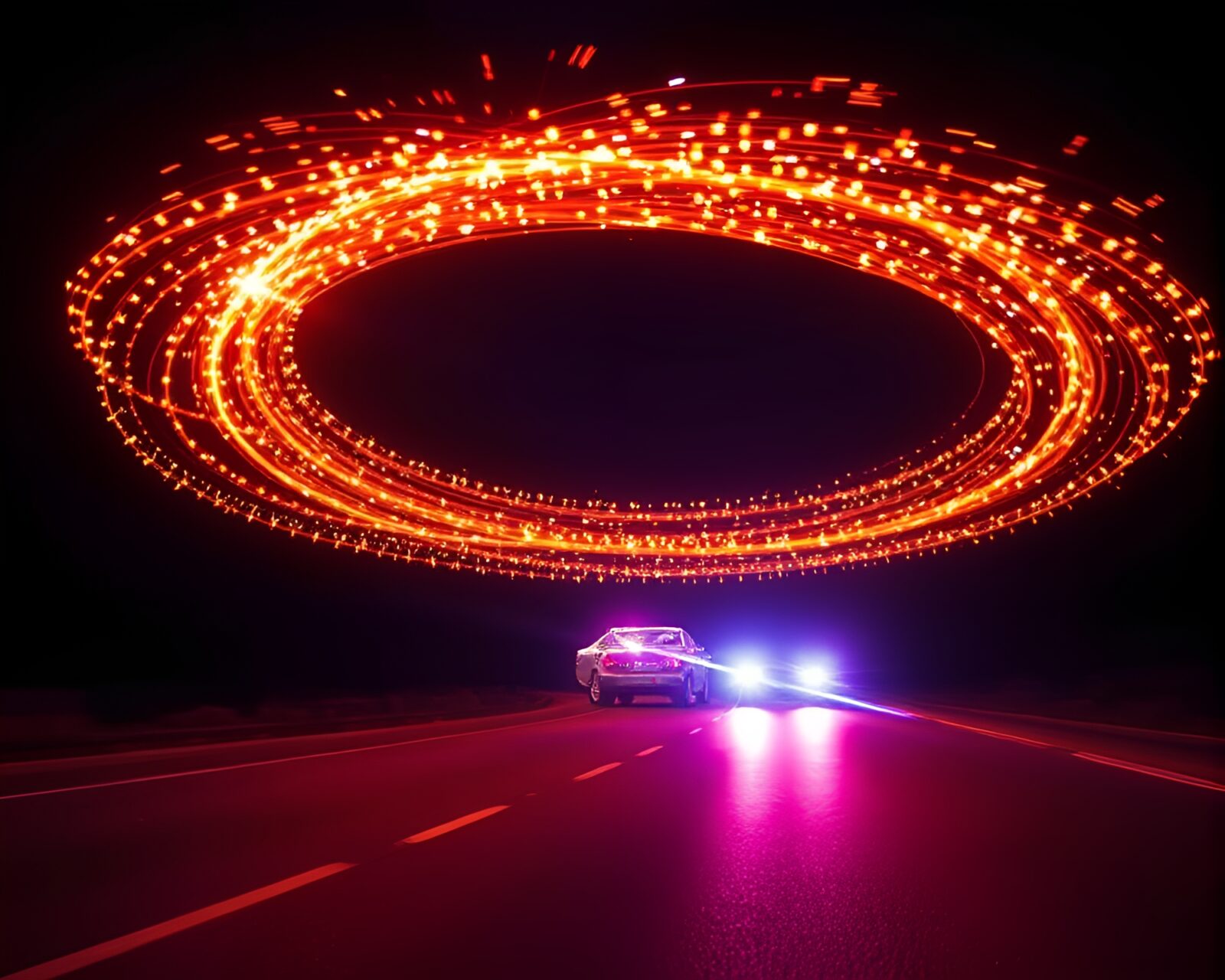 Spectacular blend of ancient stones and modern light trails