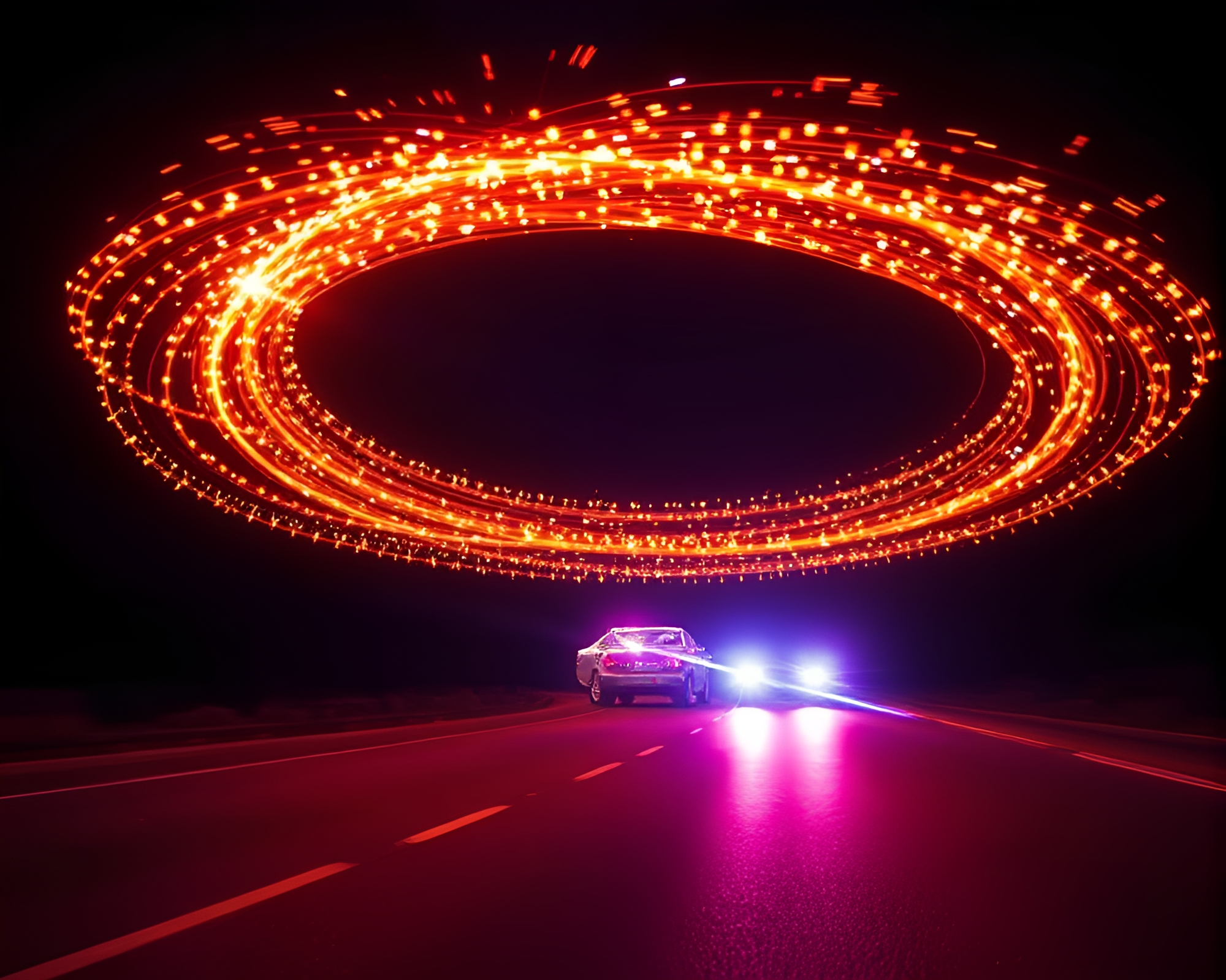 Mesmerizing Stone Circle with Trailing Car Lights – free AI stock image