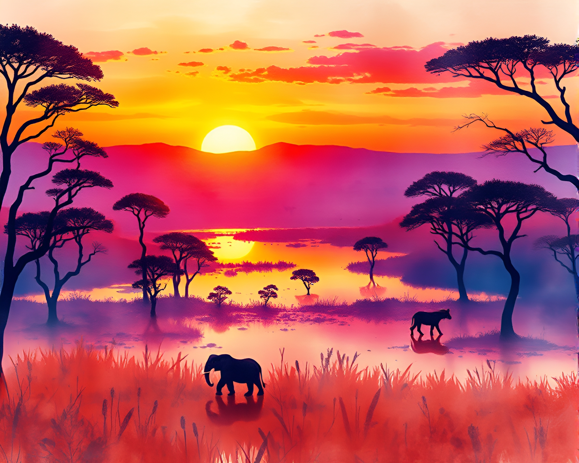 Savanna Sunset Glow: Neon Isometric Watercolor Reflections – free AI stock image