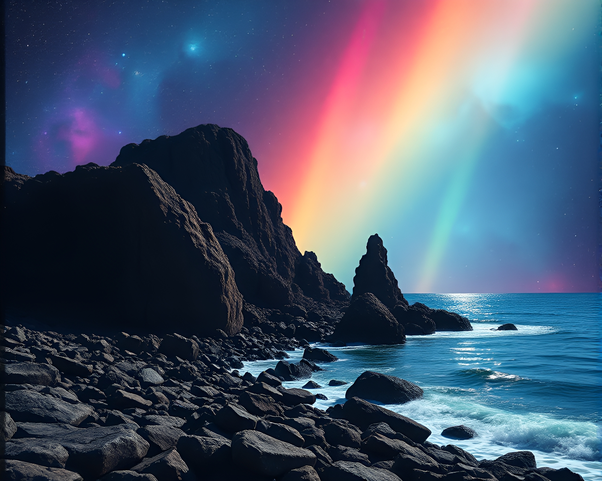 Rocky Coastline Rainbow Refraction in Cosmic Hues – free AI stock image