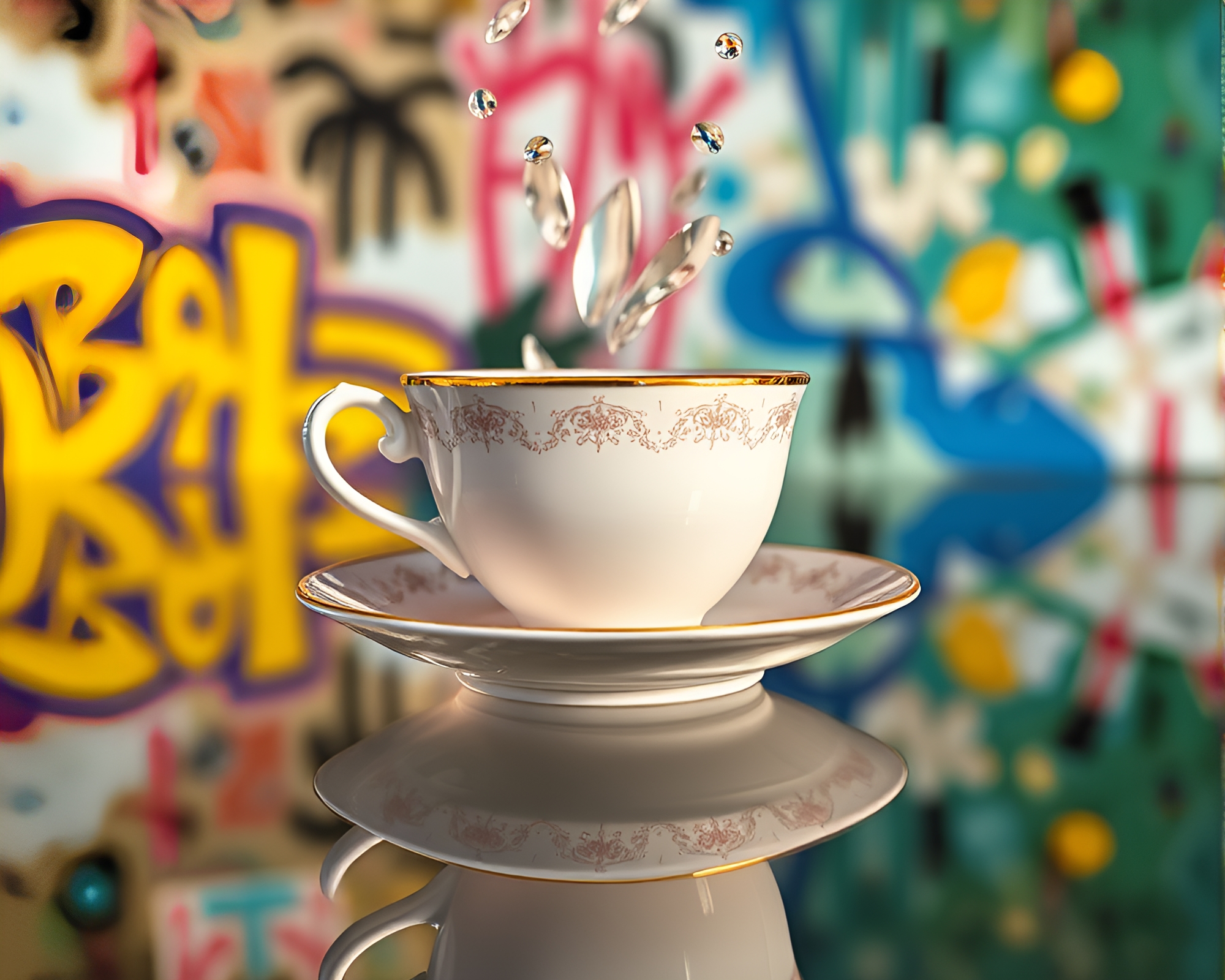 Surreal Floating Tea Cup Reflection in Pastel Graffiti World – free AI stock image