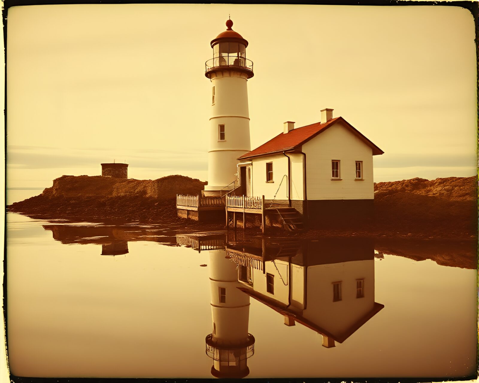 A vintage polaroid photo of an abandoned lighthouse reflecting in chrome
