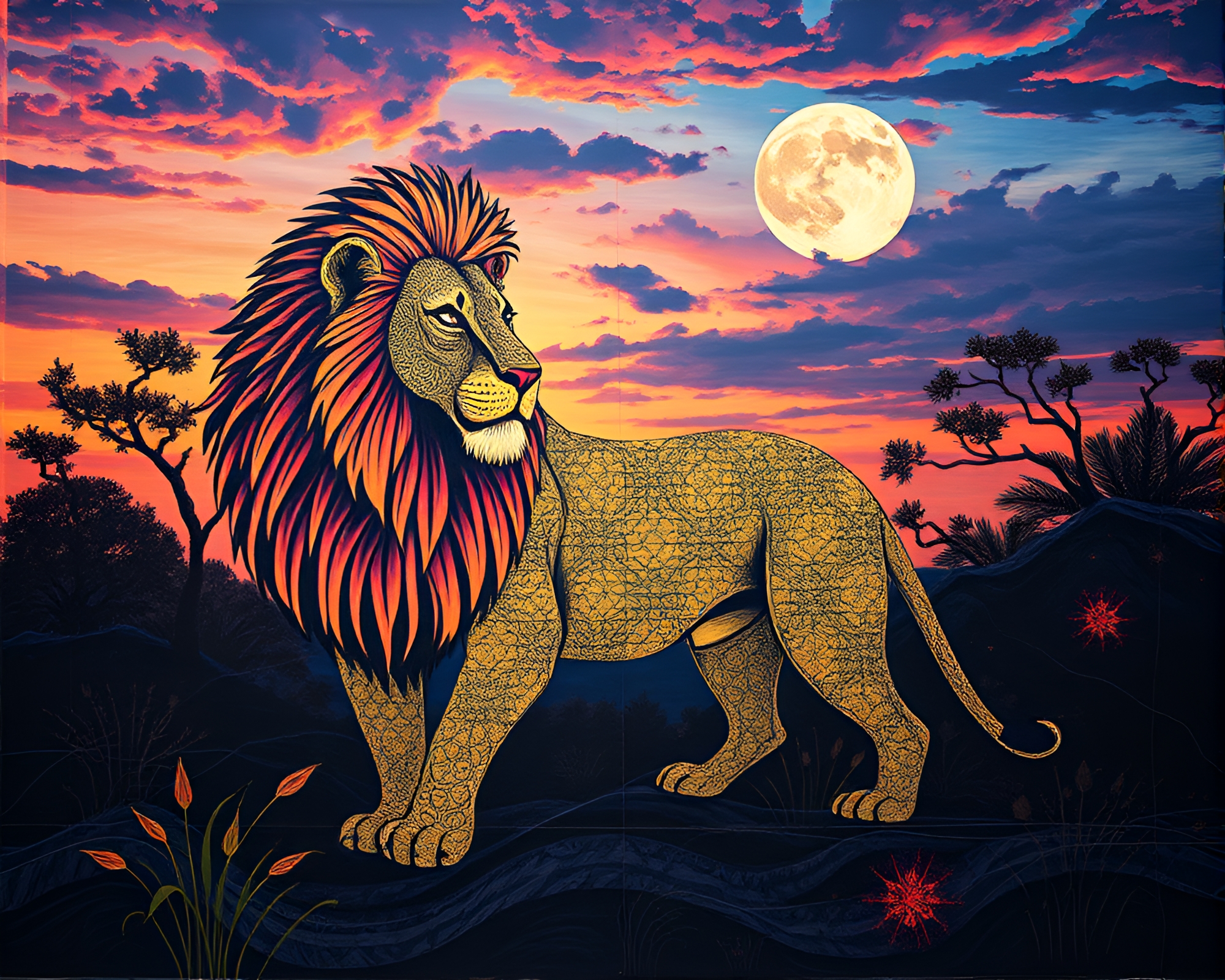 Intricate Lion Mural at Dusk Twilight – free AI stock image