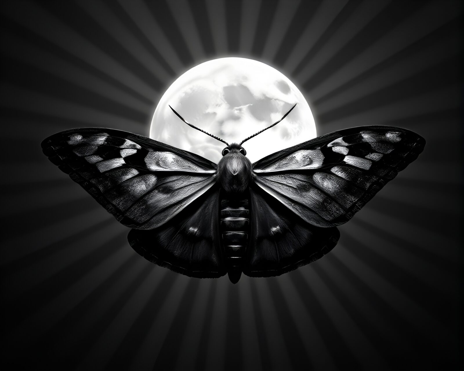 Lunar grayscale moth with intricate bio-organic design under moonlight