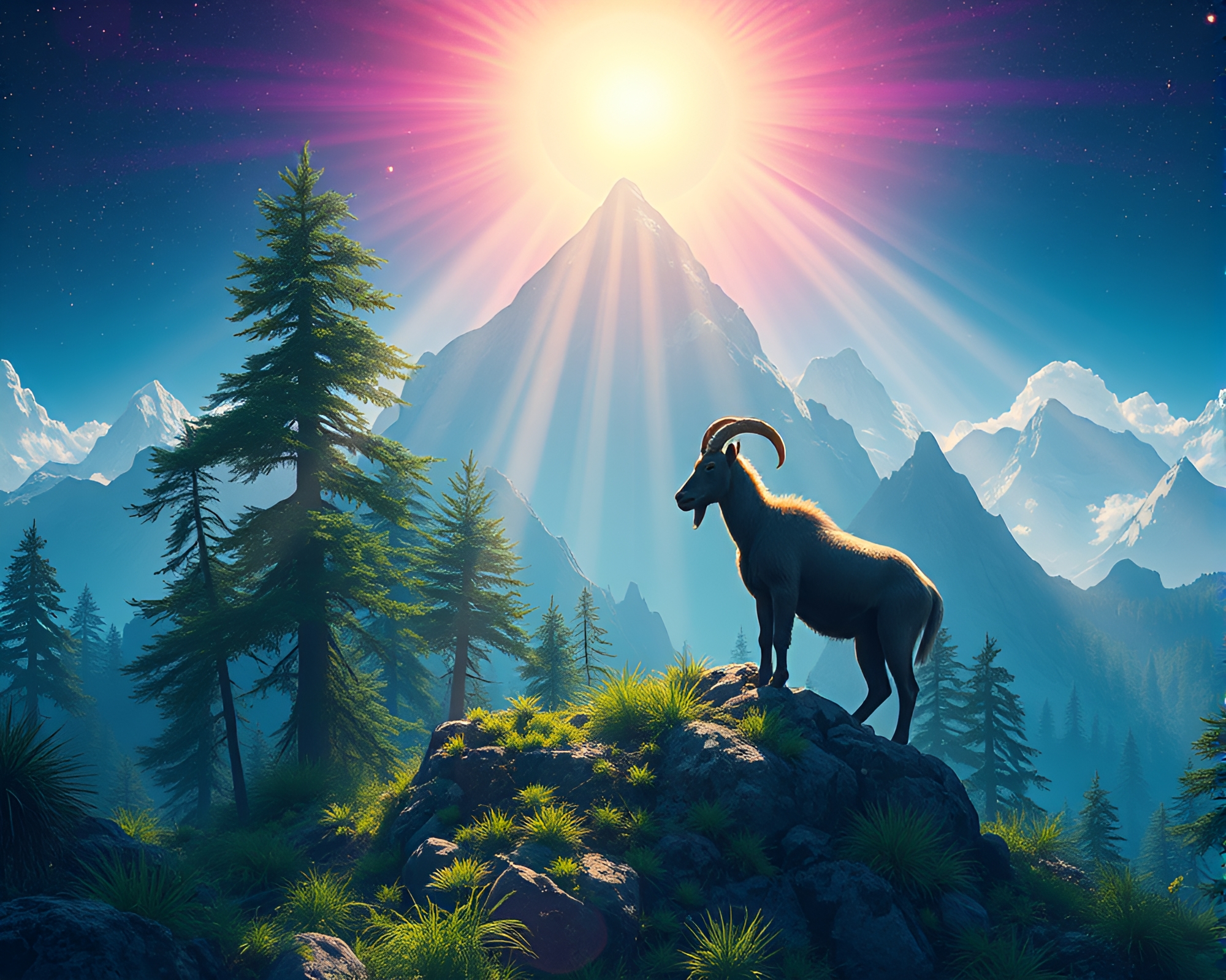Futuristic Mountain Goat Prism Refraction Illustration – free AI stock image