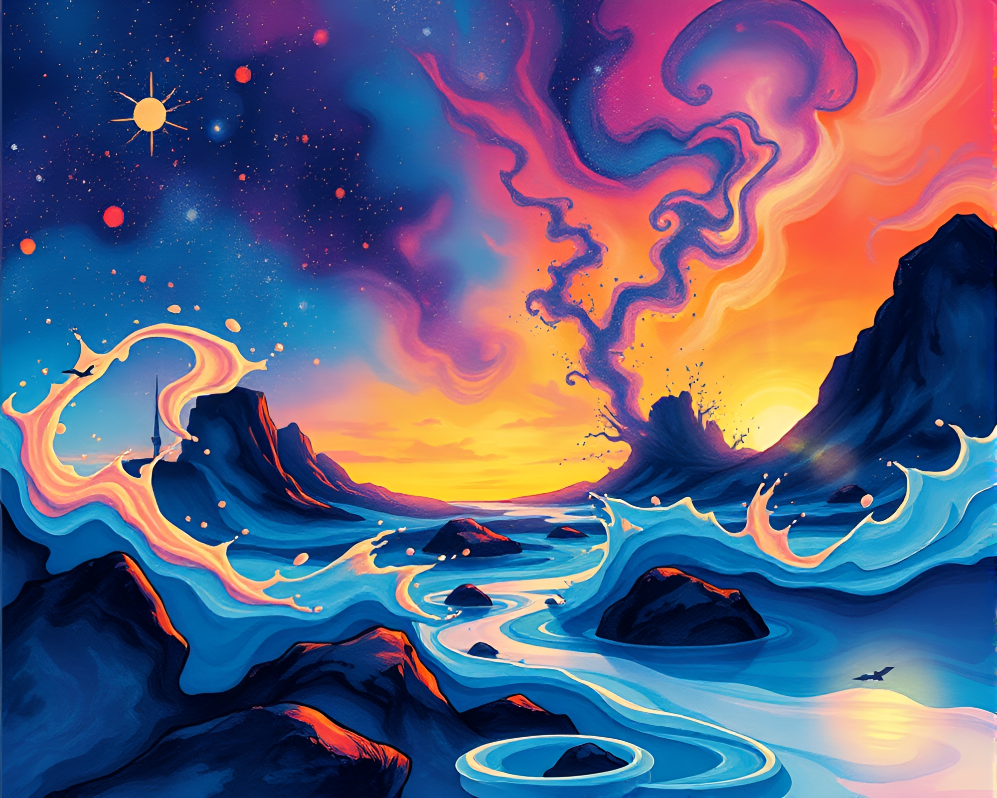 Vaporwave Sunset Ink Splashes Fantasy Illustration – free AI stock image