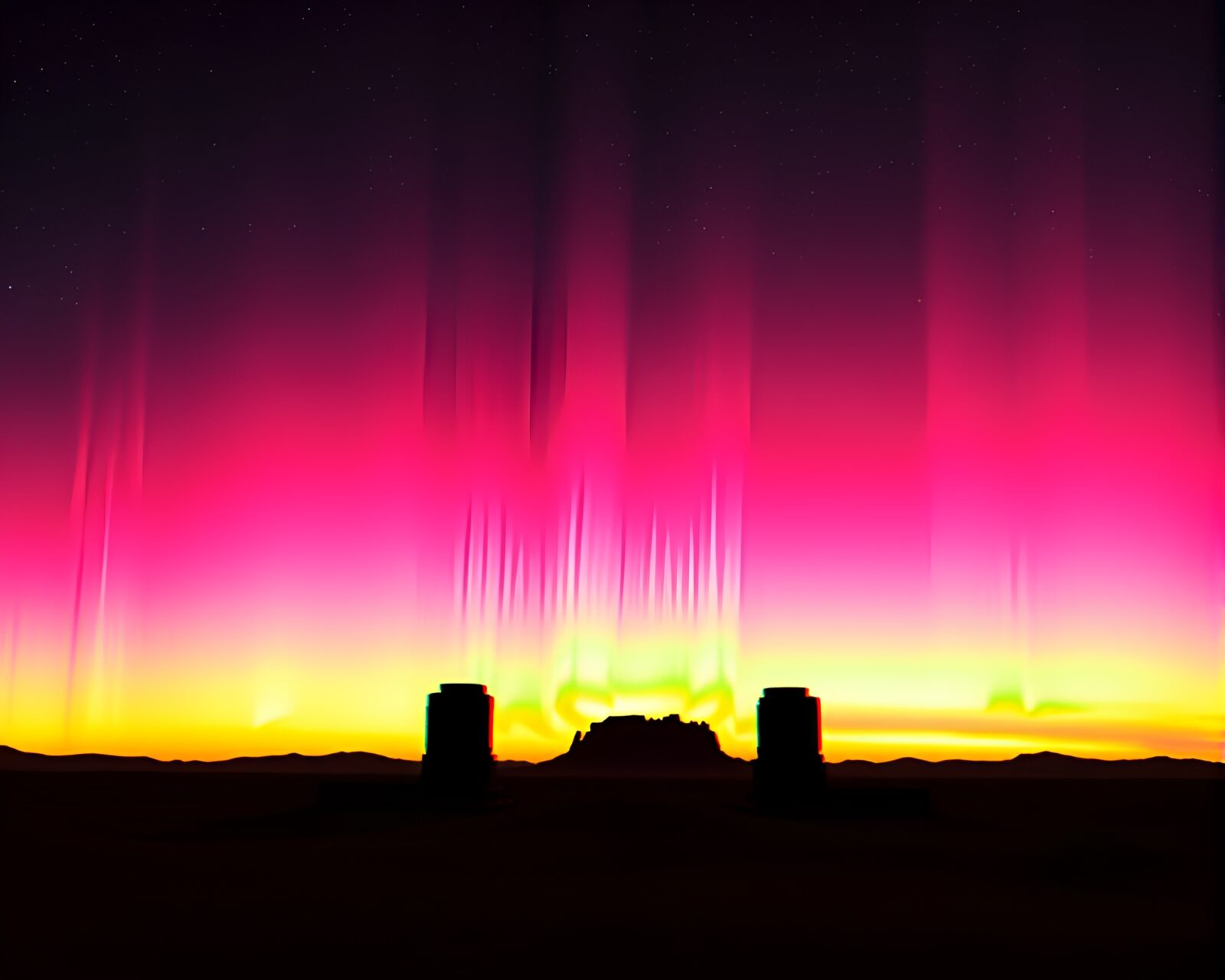 Anaglyph 3D image showing a magical aurora borealis framed by desert arches at sunset