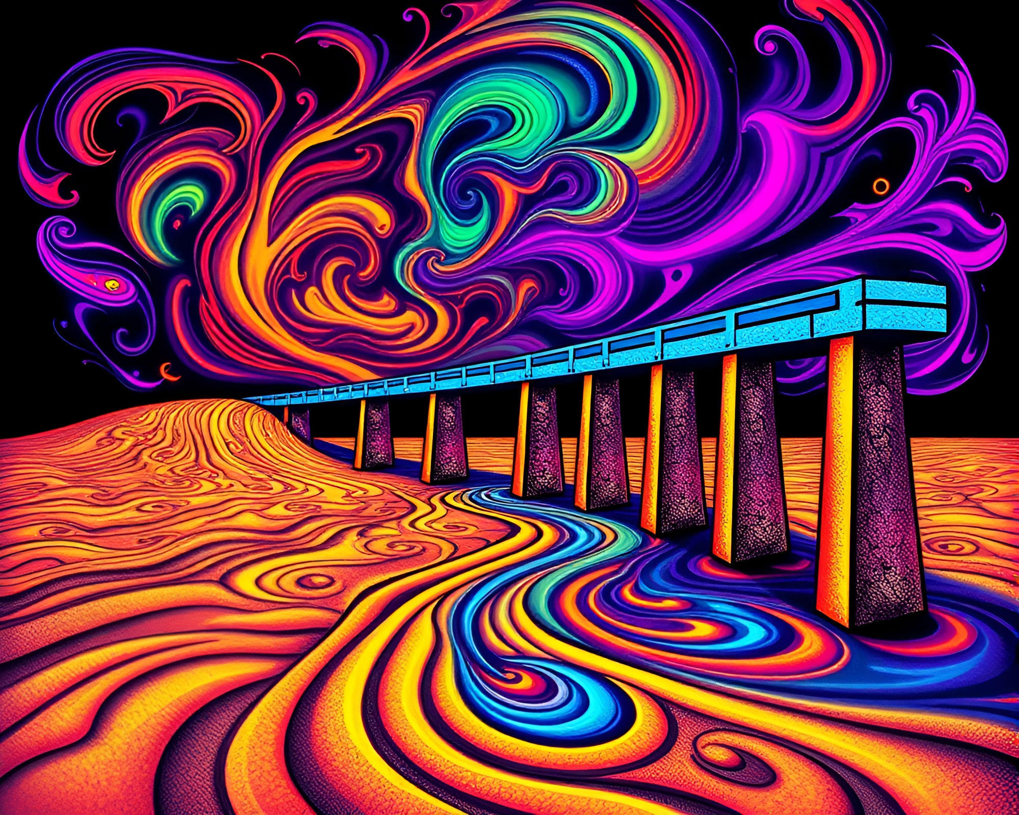 Neon Bridge Tattoo Art in Sand Swirls – free AI stock image