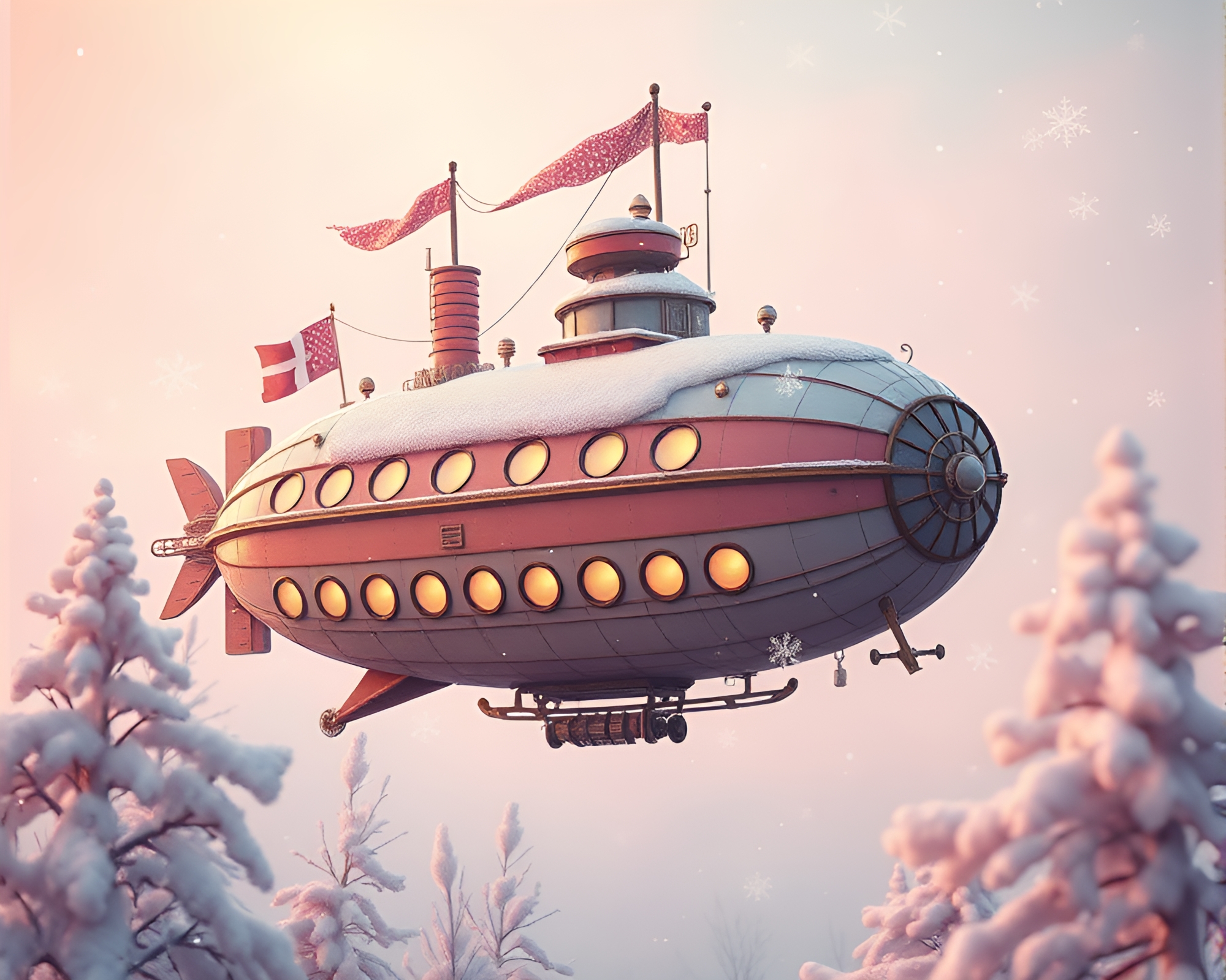 Steampunk Airship in Blush Pink Snowflake Landscape – free AI stock image