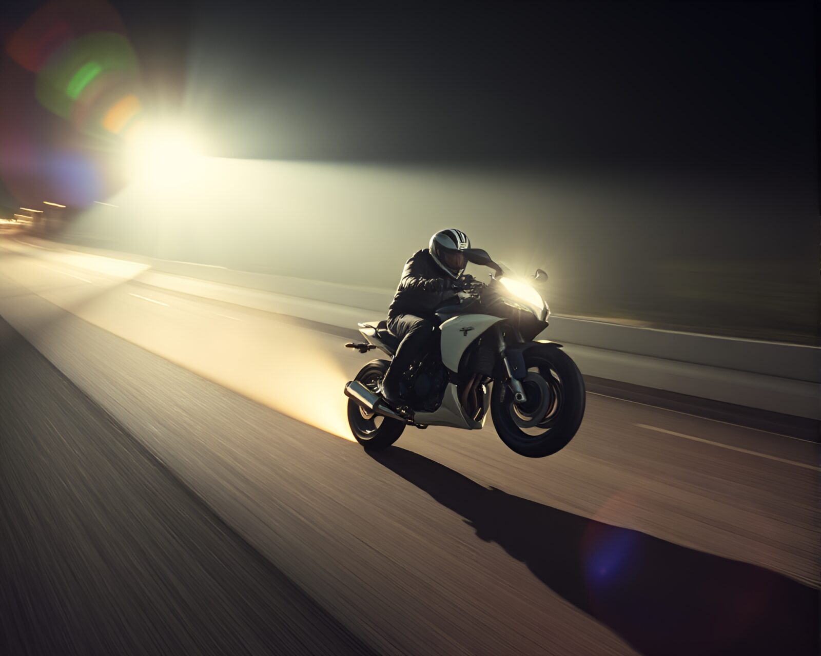 High-angle shot of a neon-lit hoverbike racing in chiaroscuro