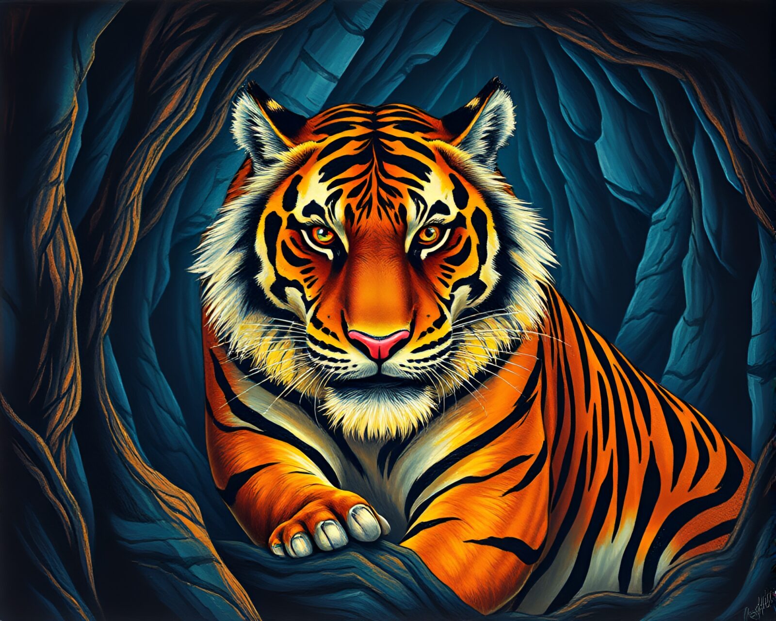 Tiger in dungeon lit by torchlight, pointillism art style