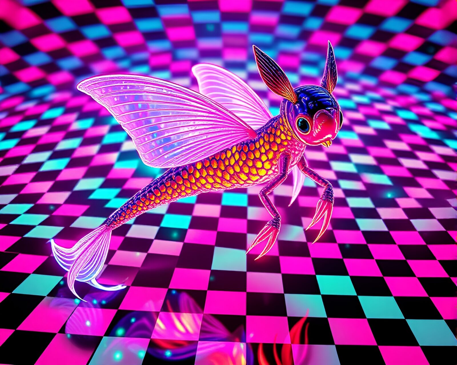 Mystical nymphs surrounded by neon checkered patterns in 3D