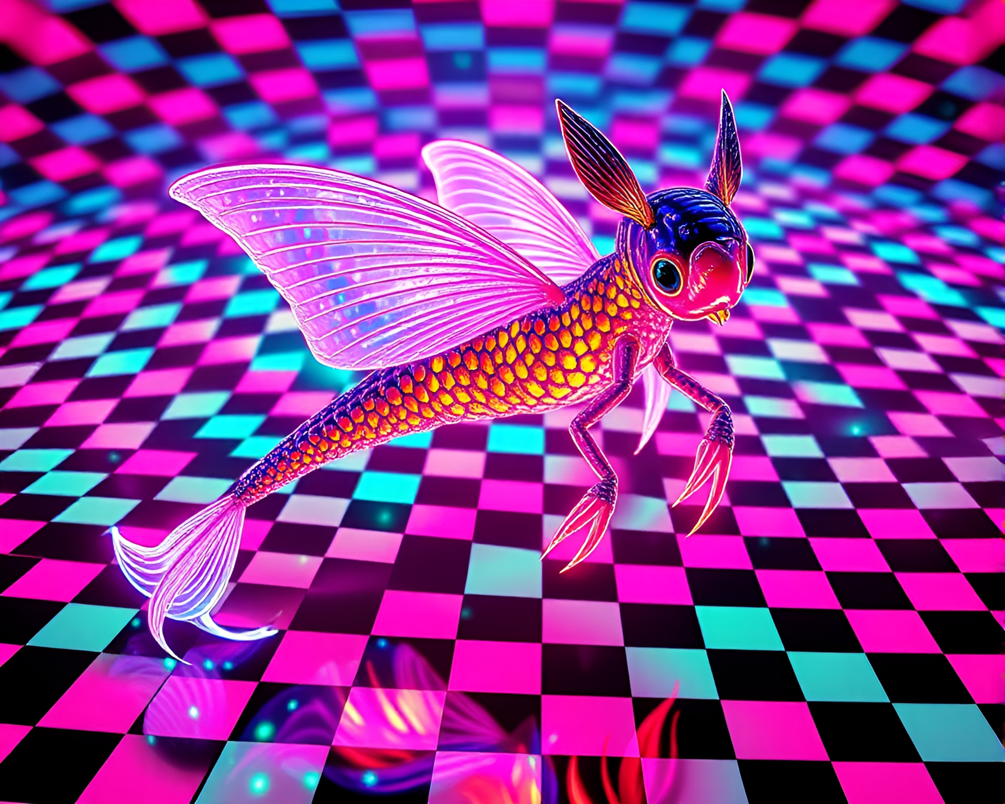 Checkered Nymphs in Vibrant 3D Fantasy World – free AI stock image