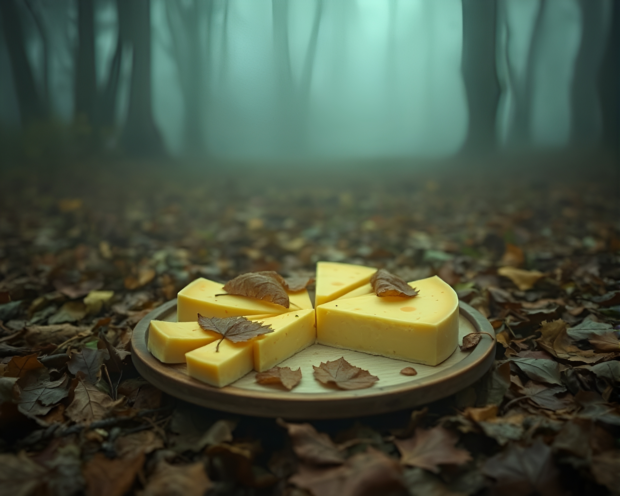 Enigmatic Cheese Platter Amidst Leaf Litter Fog – free AI stock image