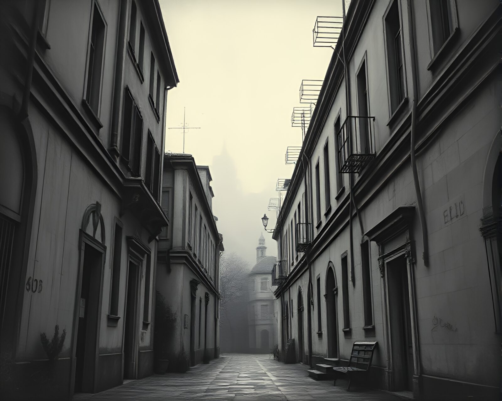 A cyberpunk alley with architectural frames and desaturated lighting
