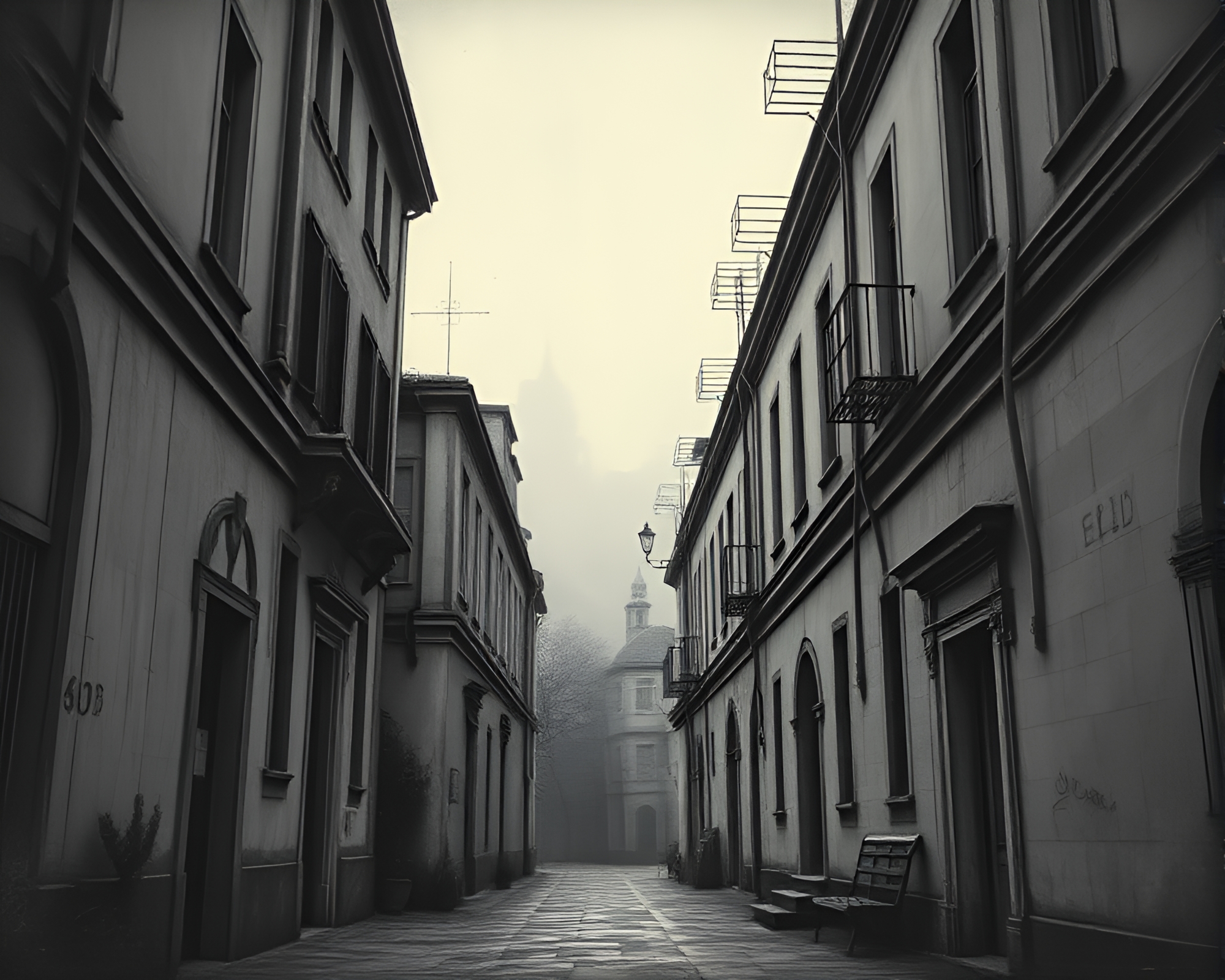 Cyberpunk Alley: Etched Architectural Frames in Desaturated Gloom – free AI stock image