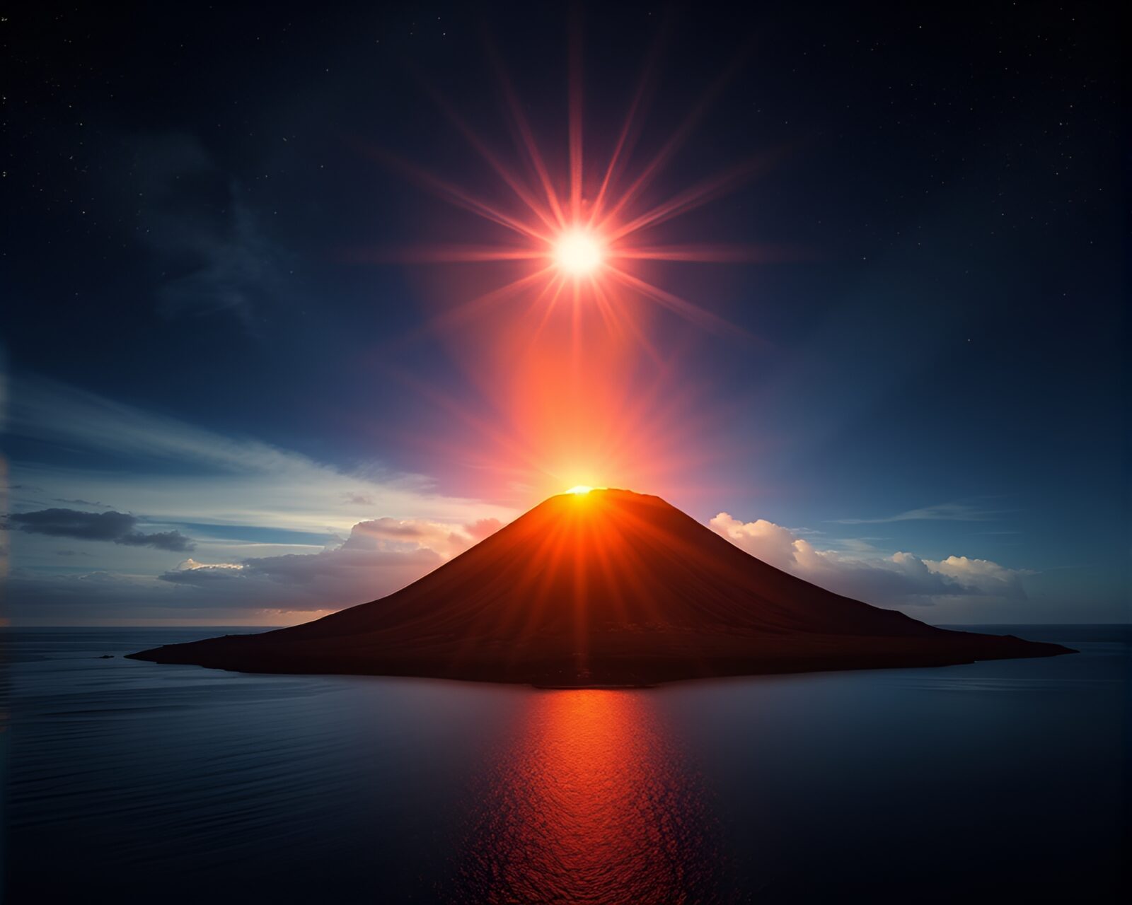 Dynamic collage of backscatter flare on volcanic island.