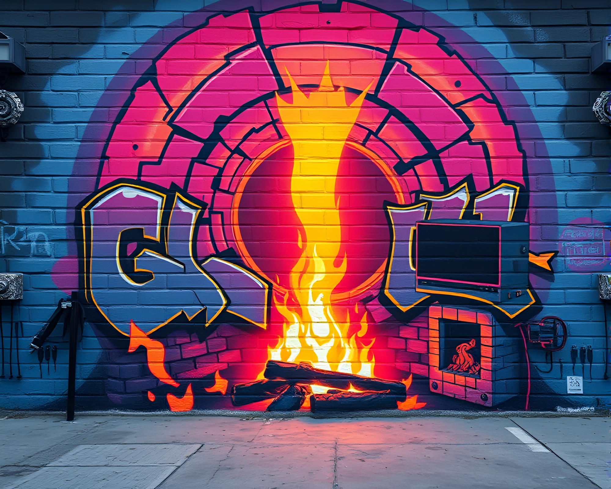 Retrowave Wormhole Generator Mural Graffiti – free AI stock image