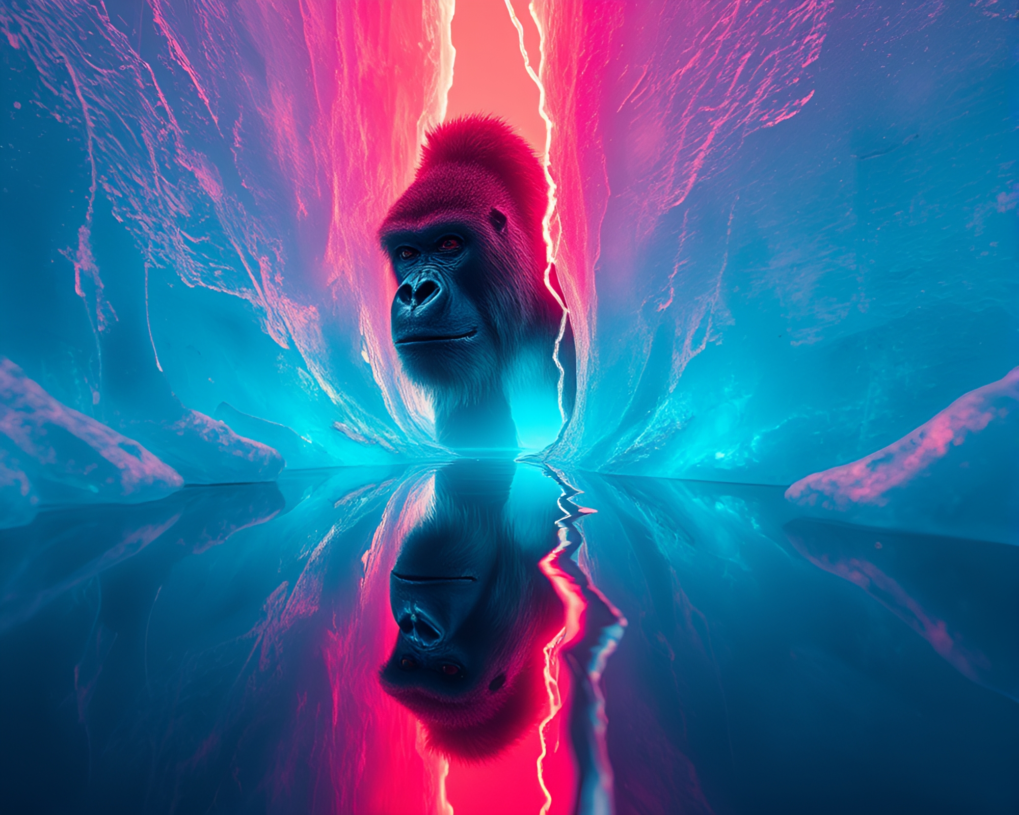Neon Gorilla Awaits Aurora Ice Reflection Crack – free AI stock image