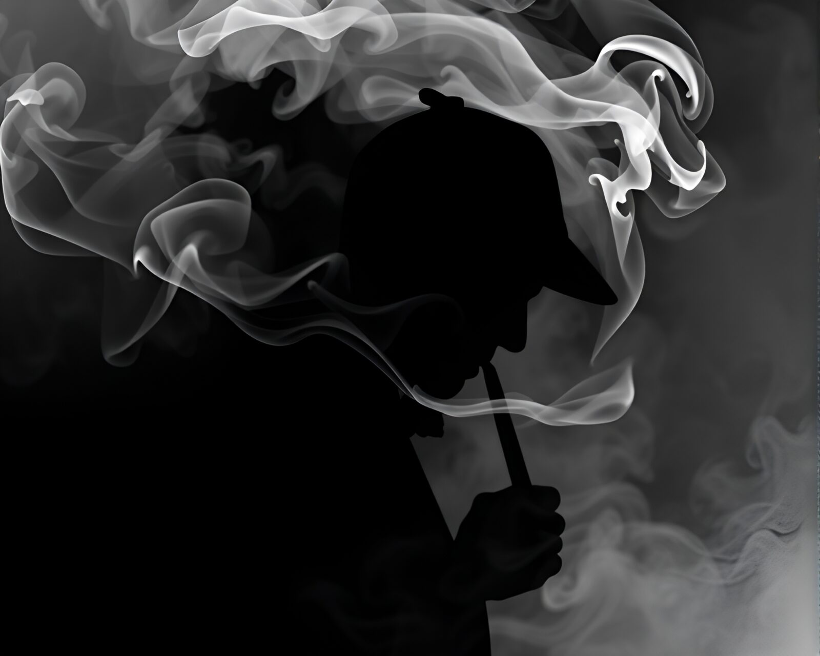 Geometric abstract silhouette of Sherlock Holmes in smoke swirls