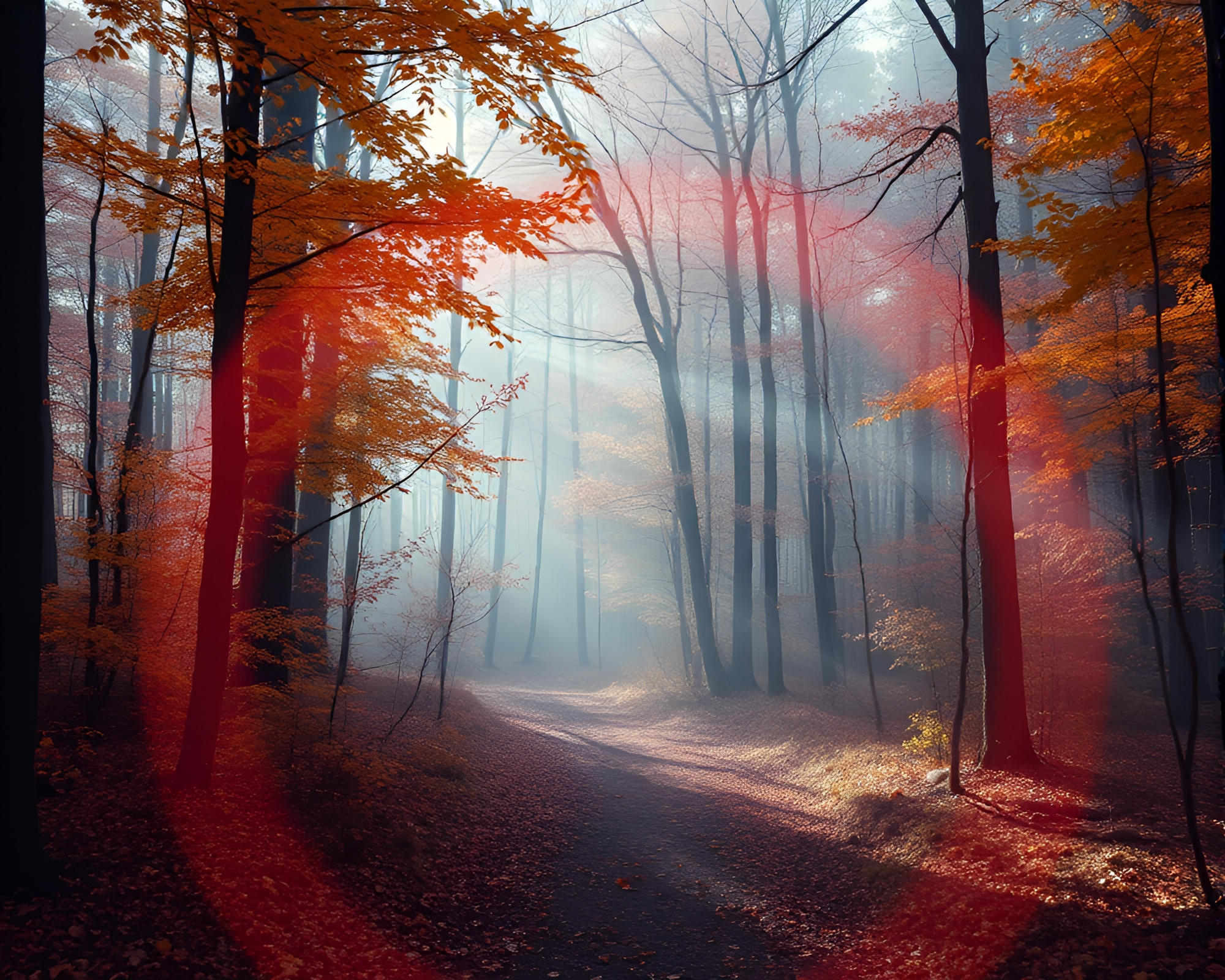 Autumn Forest Enveloped in Glitch-Colored Smoke Rings – free AI stock image