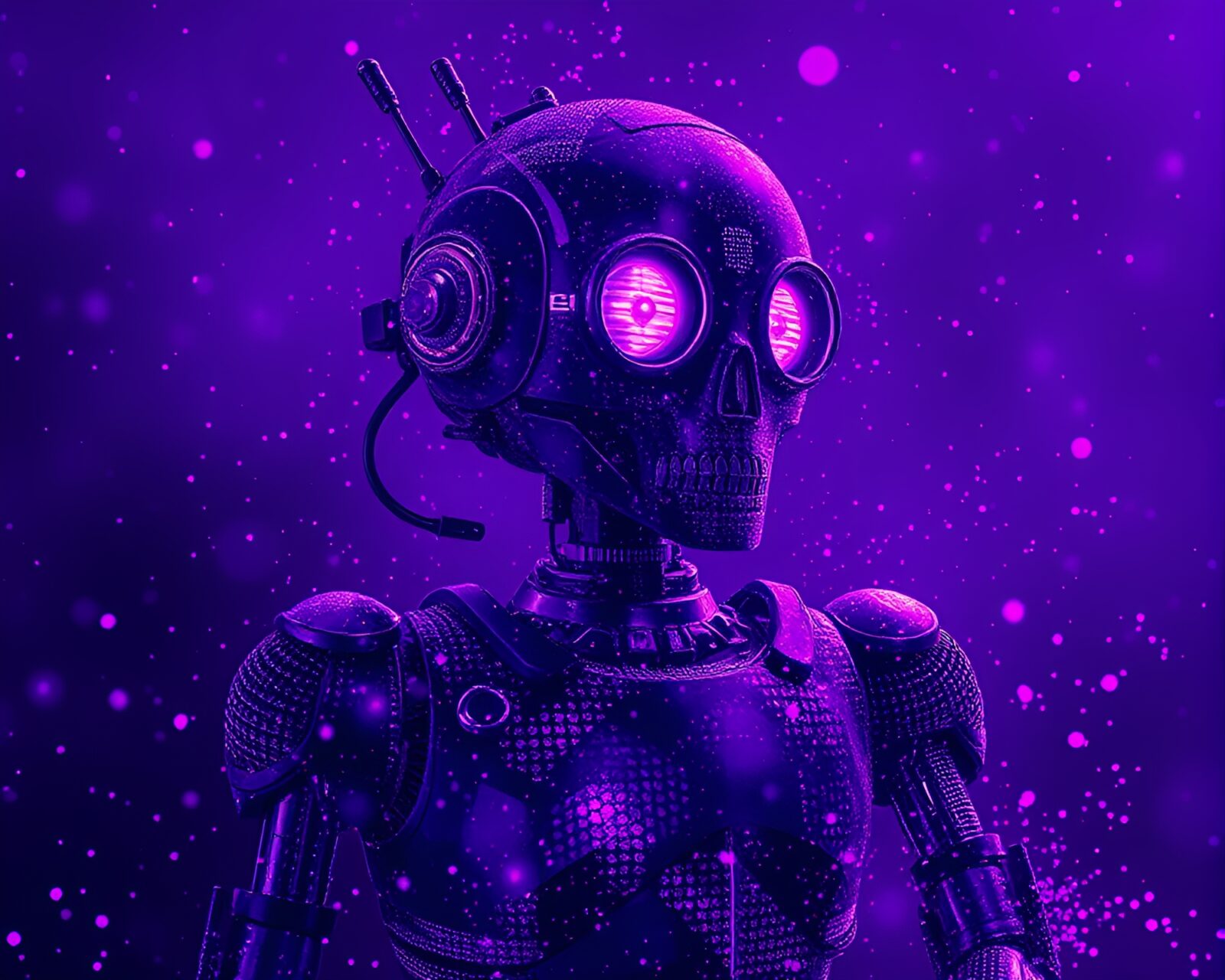 Acrylic spatters blend with purple hues on a steampunk robot.