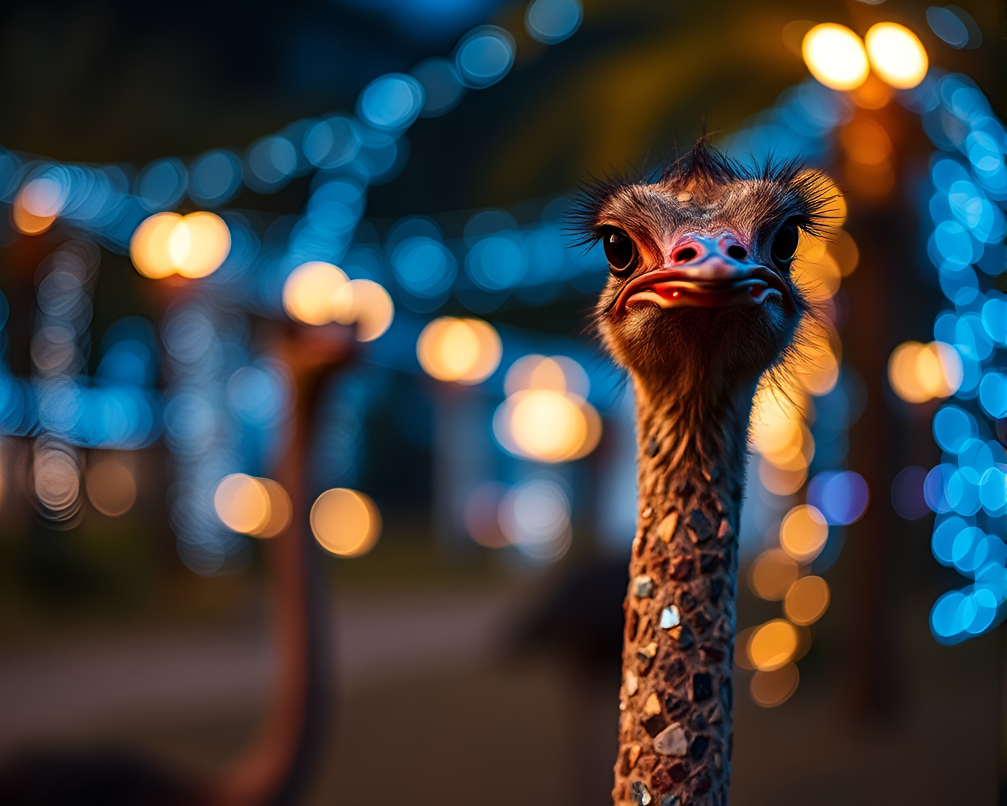 Ostrich Bokeh Lights Tiled Mosaic Blue Hour Art – free AI stock image