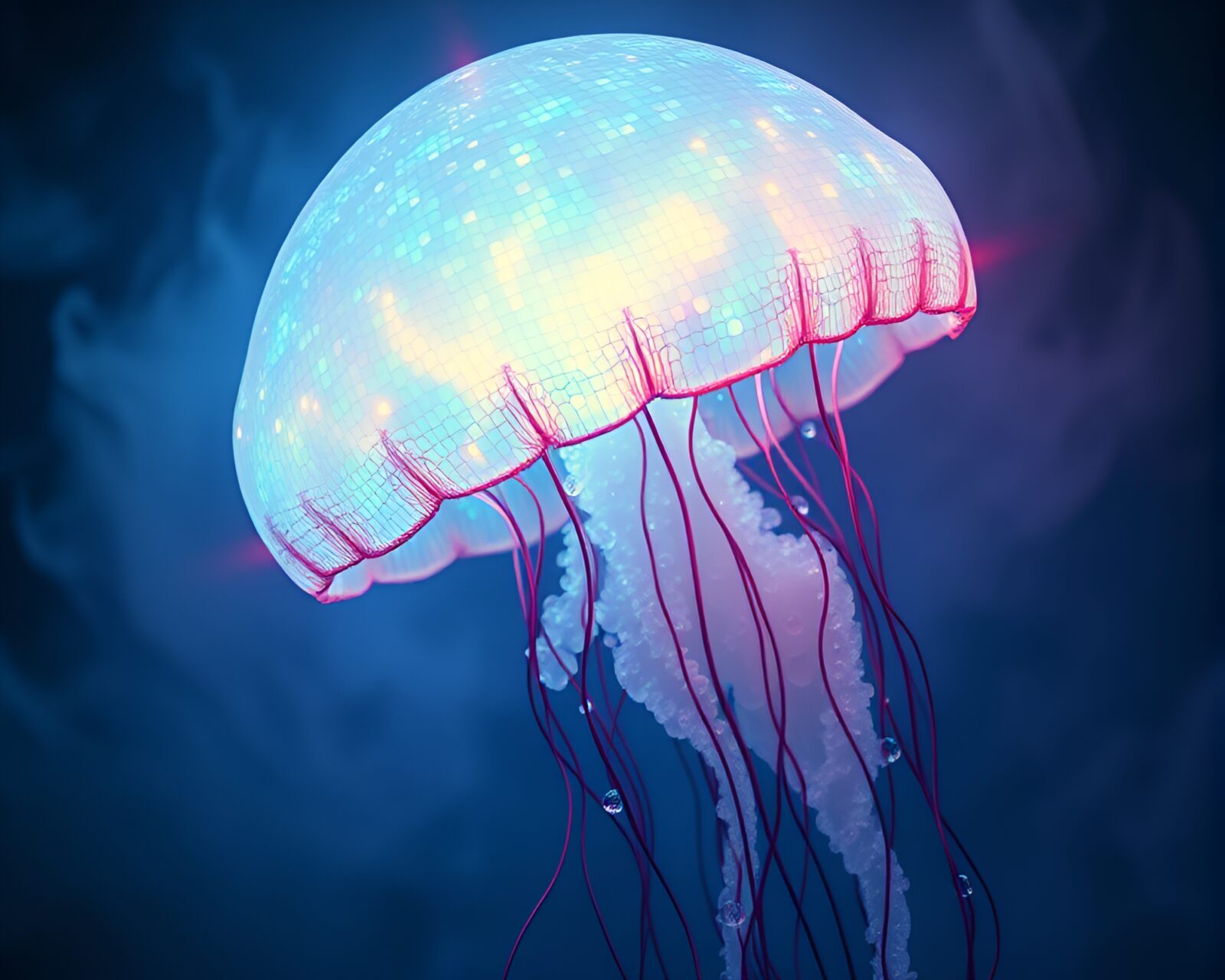 Abstract art of glowing jellyfish in foggy cybernetic setting