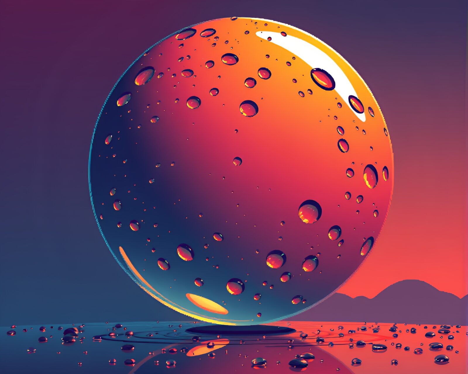 Retro pixel art showing glass orb with dew drops at sunset