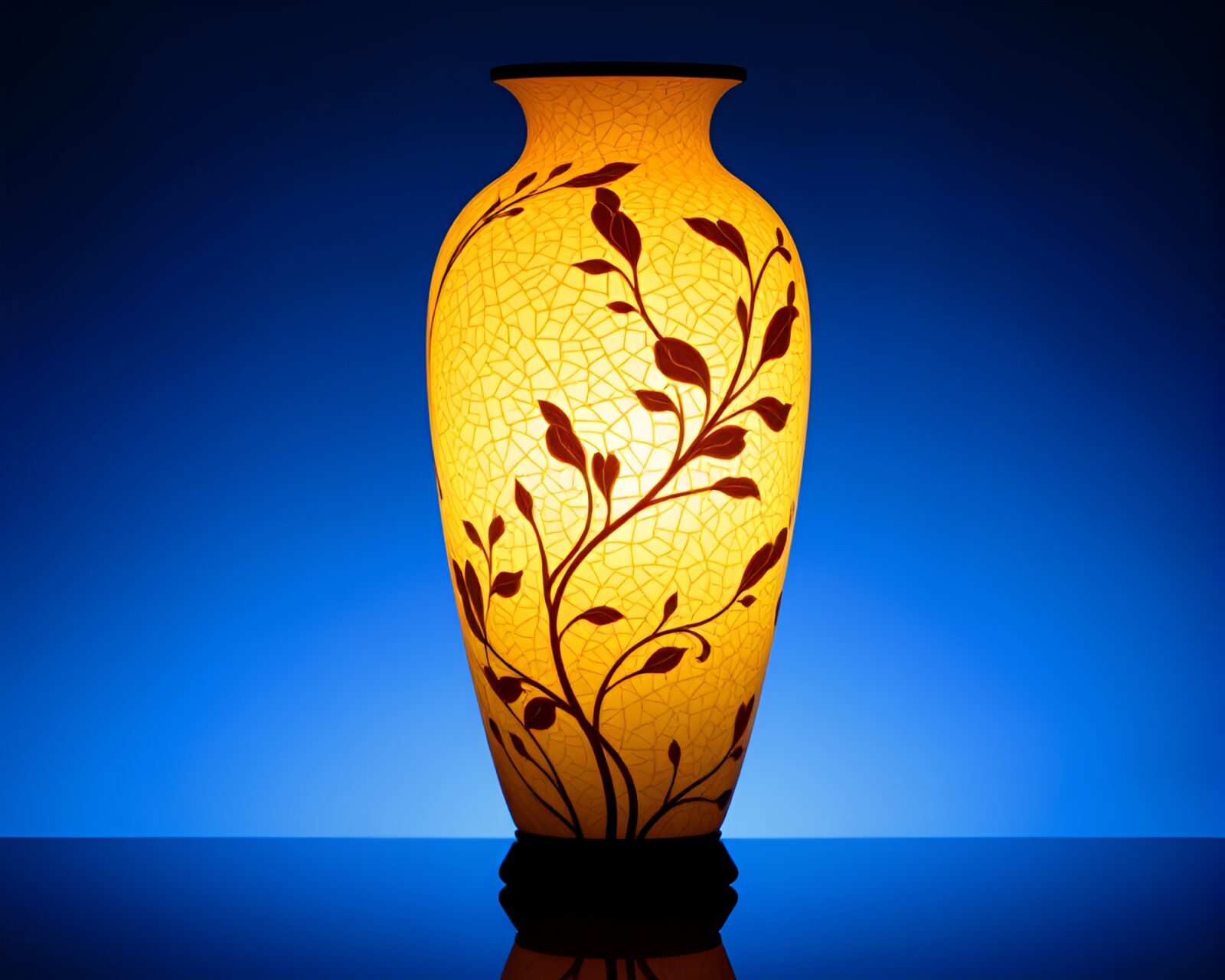 Backlit silhouette of a cloisonné vase with intricate leaf vein pattern
