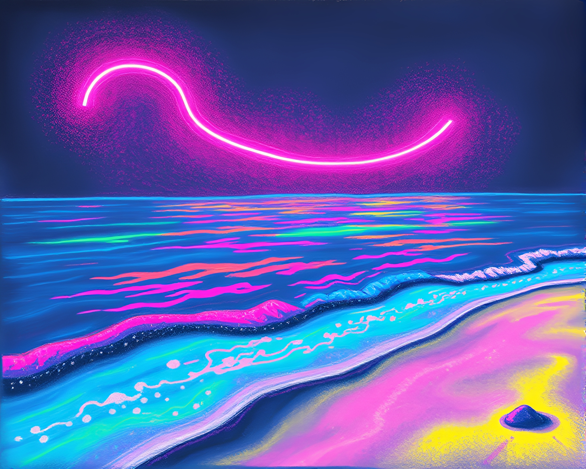 Vibrant Neon Beach Sunset Chalk Art – free AI stock image