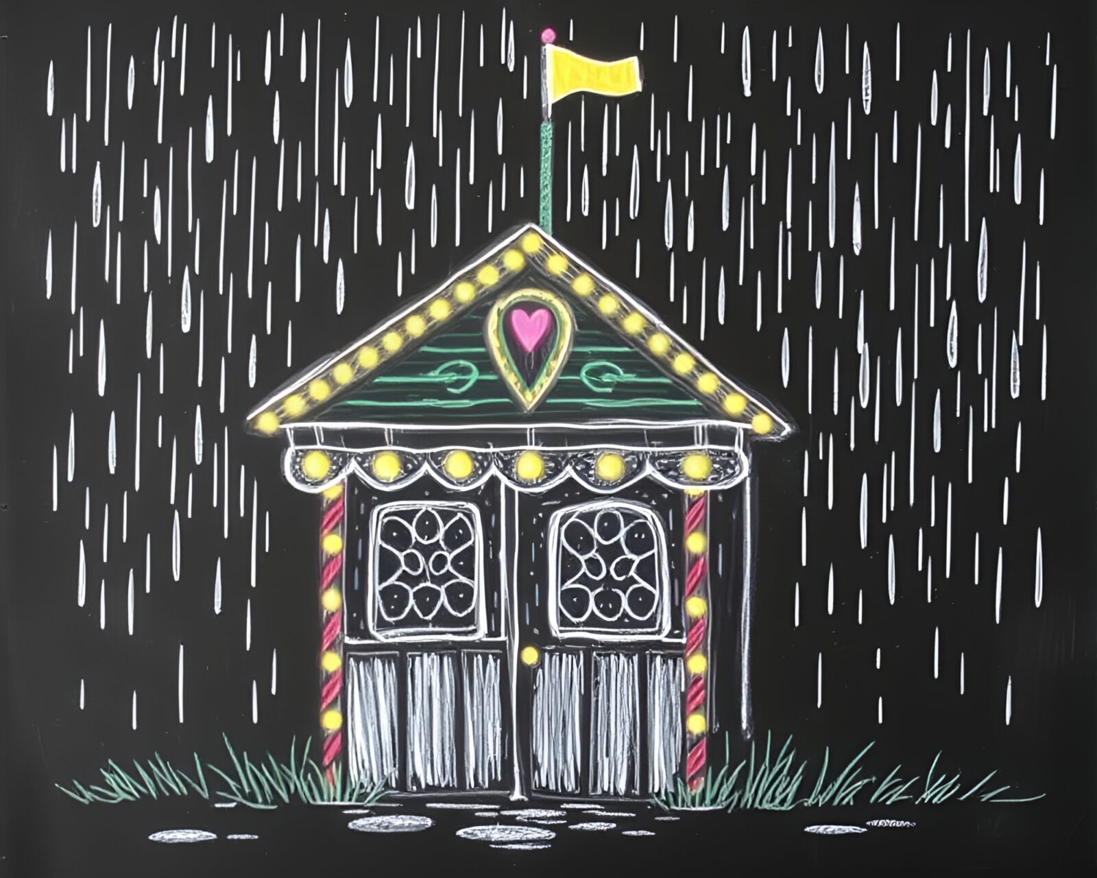 Chalkboard drawing of a mud hut glowing with carnival lights in the rain