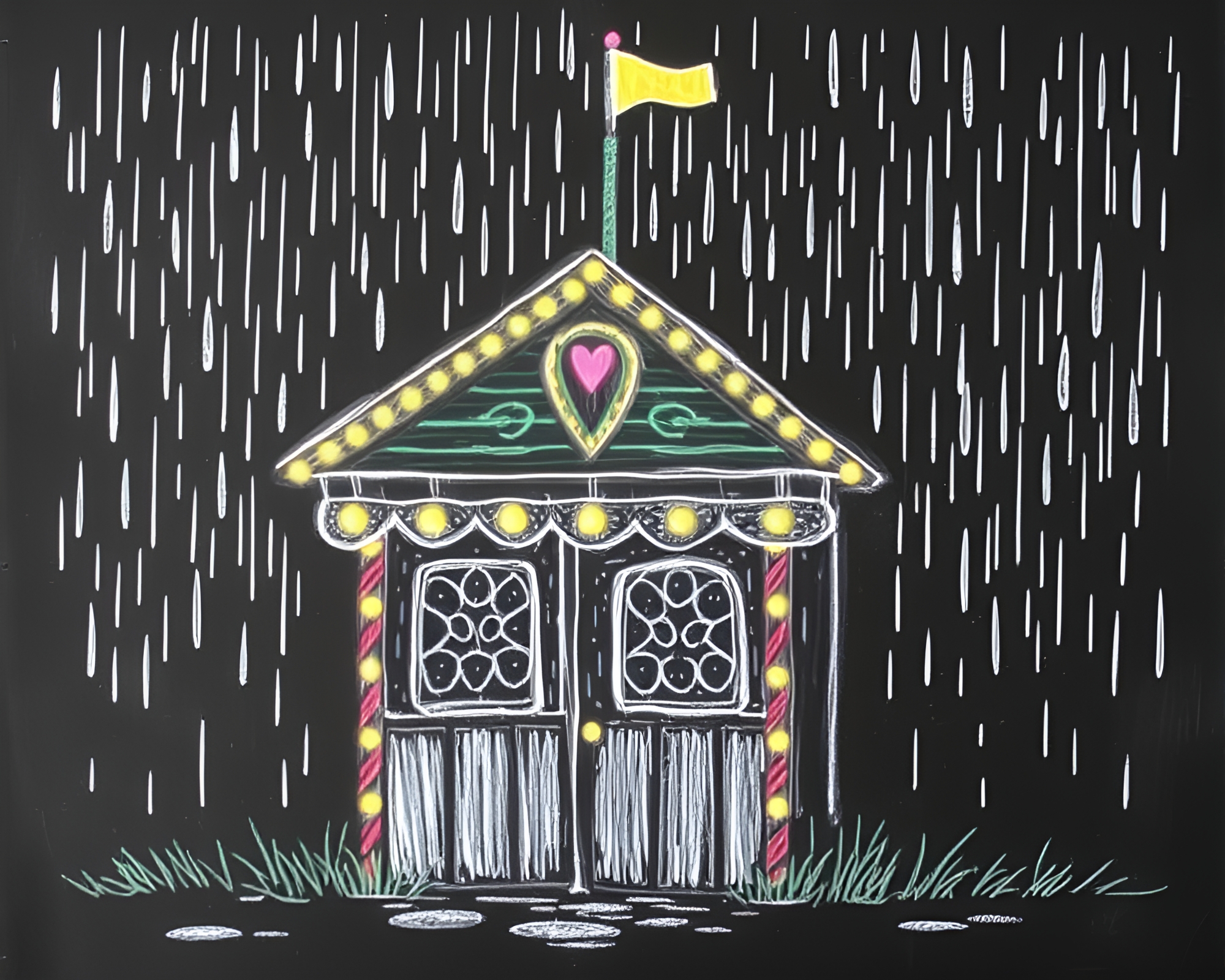 Enchanting Mud Hut Illuminated by Carnival Lights in the Rain – free AI stock image