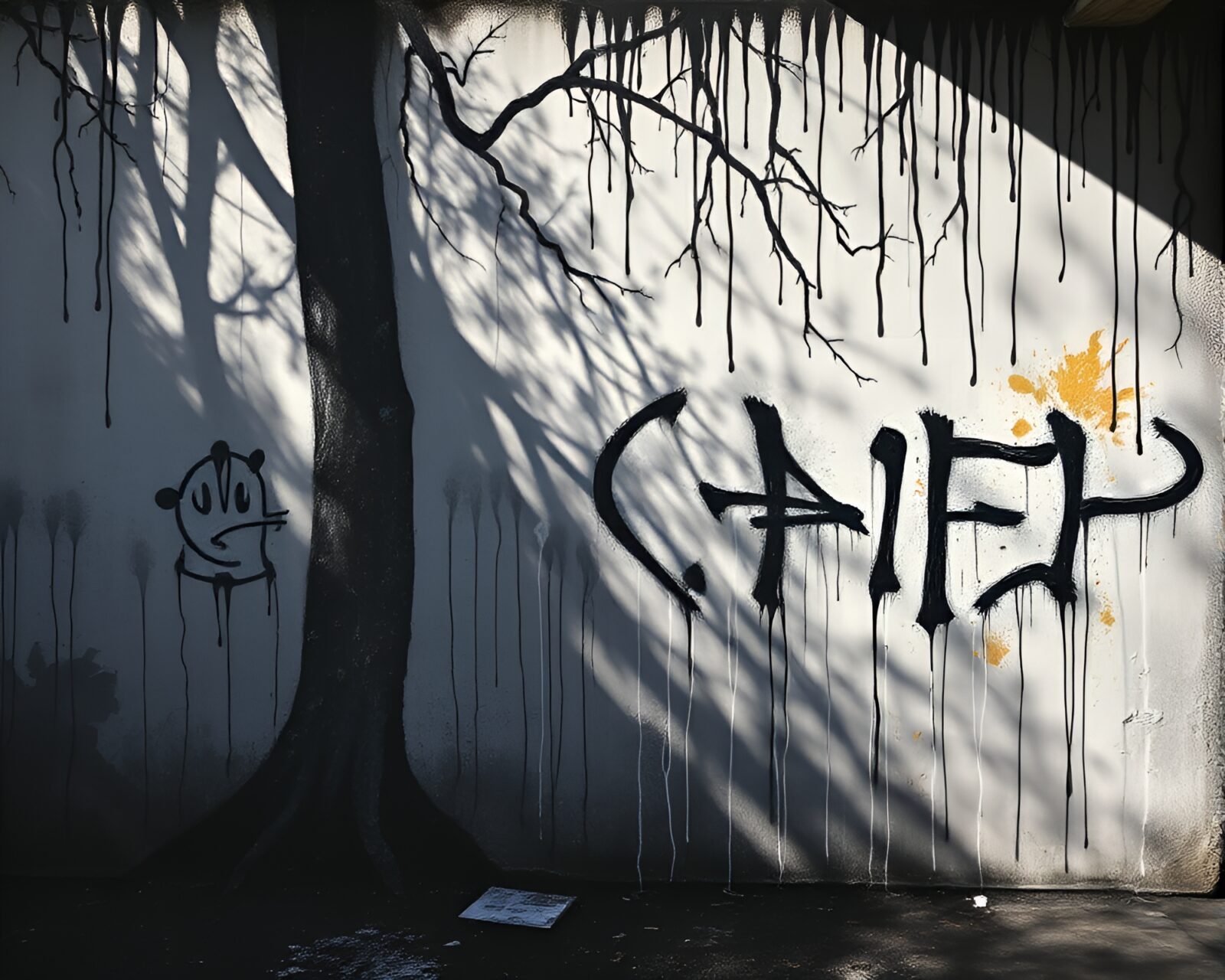 Mystical ancient grove with eerie shadows and chalk graffiti