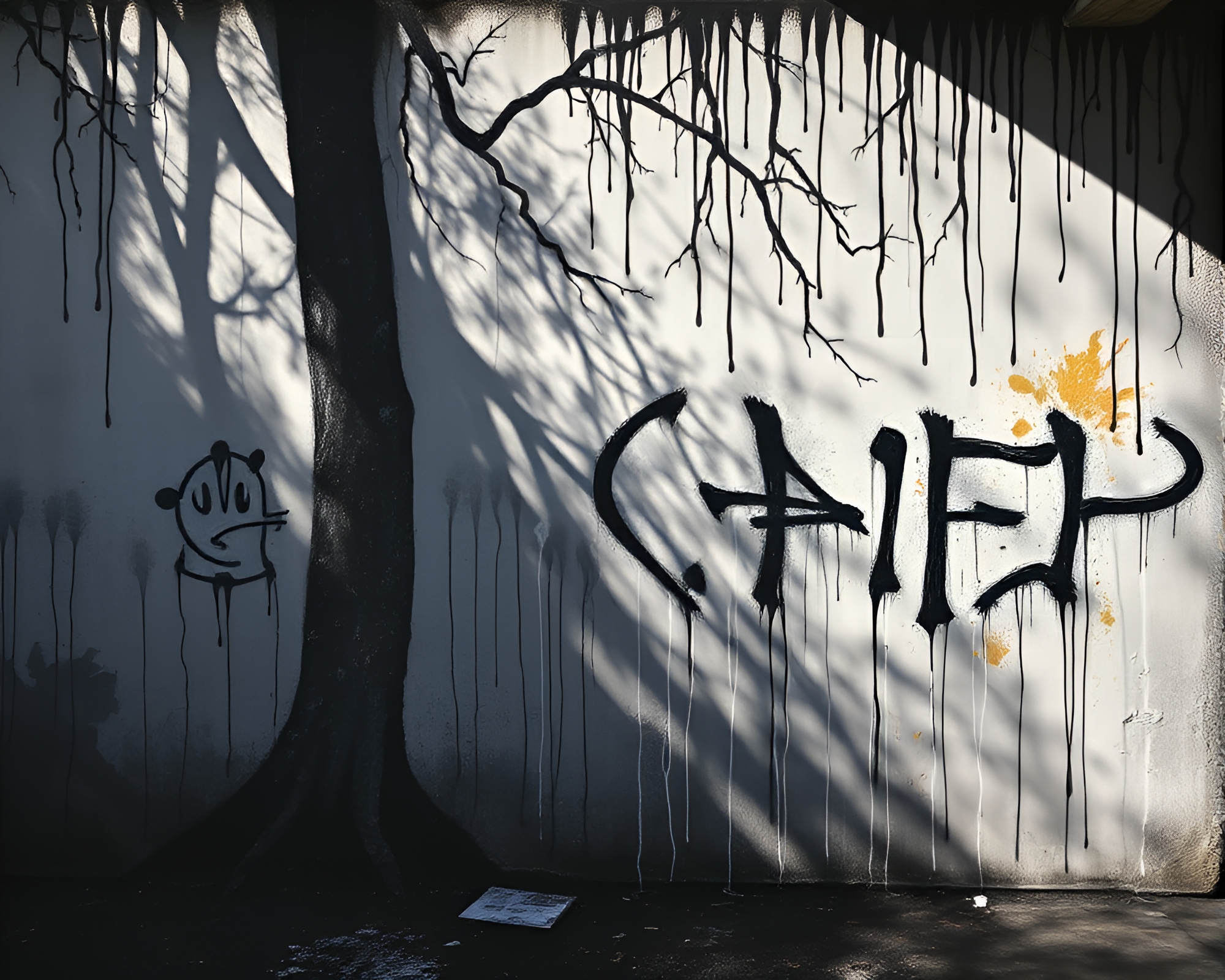 Ancient Grove Attic Shadows: Chalk Art Graffiti Drips – free AI stock image