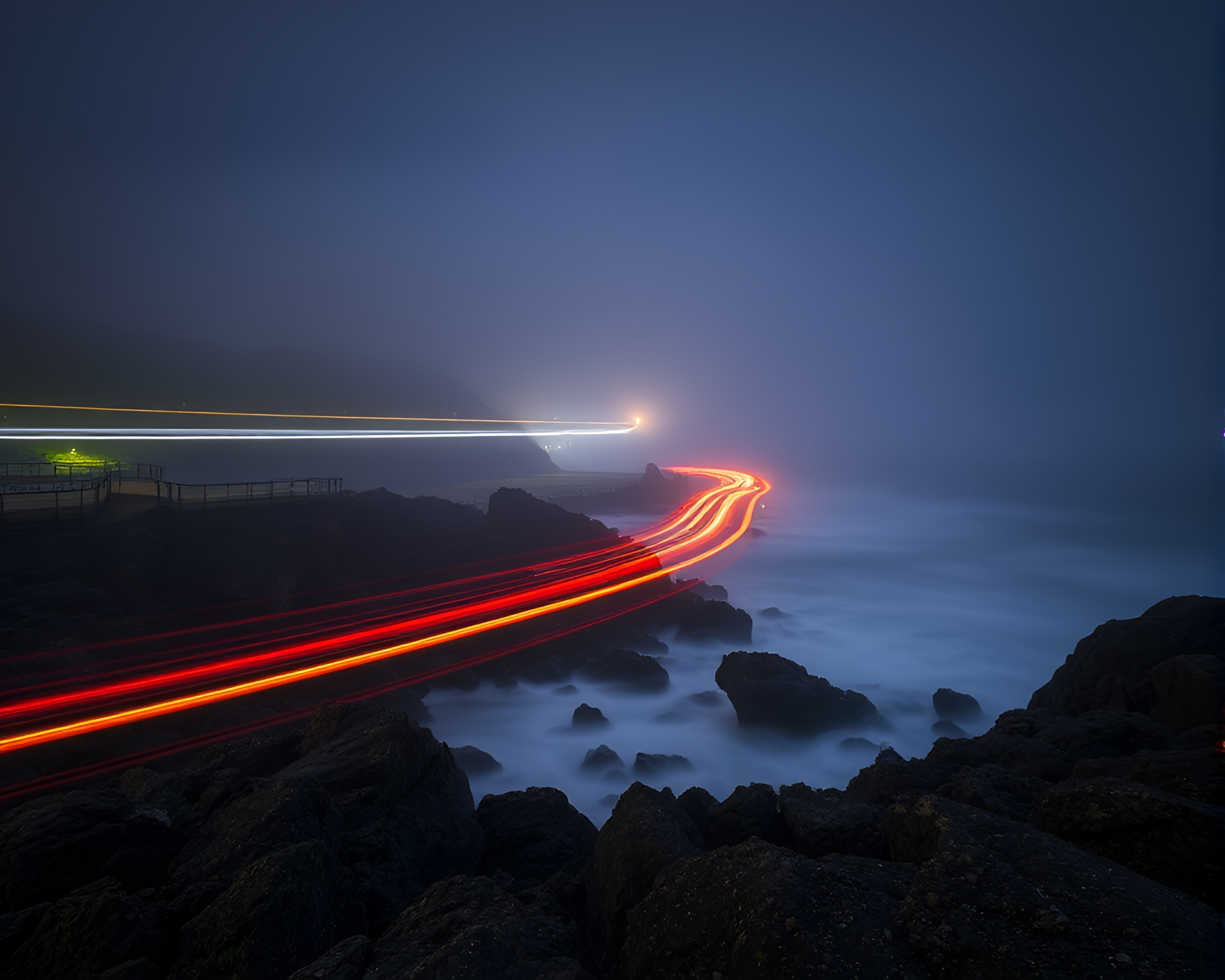 Foggy Rocky Coastline with Motion Blur Streaks – free AI stock image
