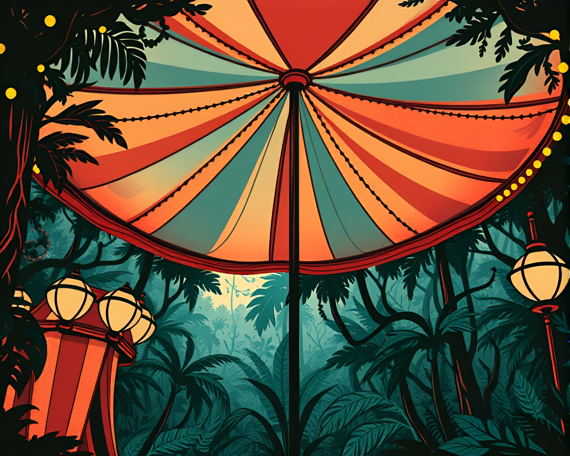 Carnival Carousel in Jungle Canopy Woodcut Print – free AI stock image